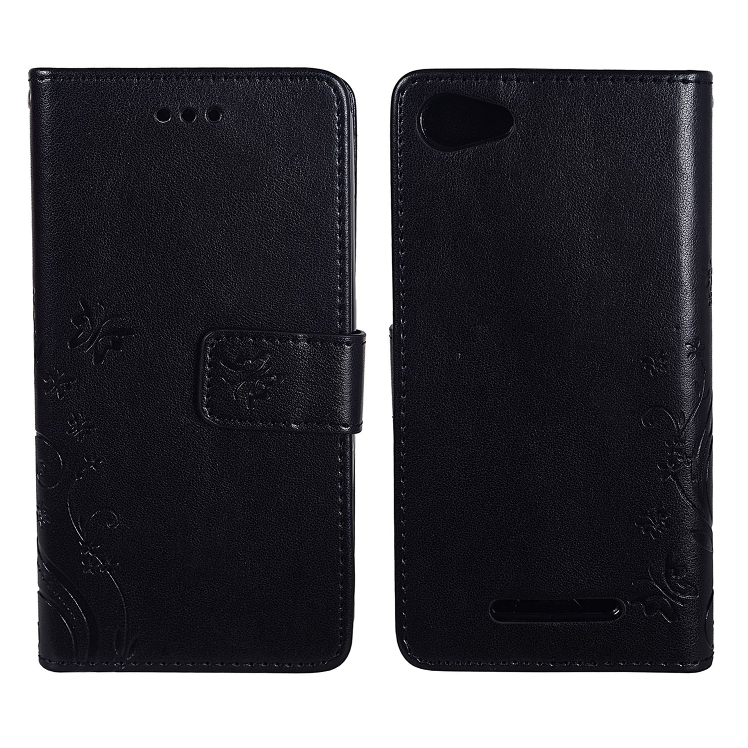 Schwarze Handyhülle mit floralem Design und Magnetverschluss.