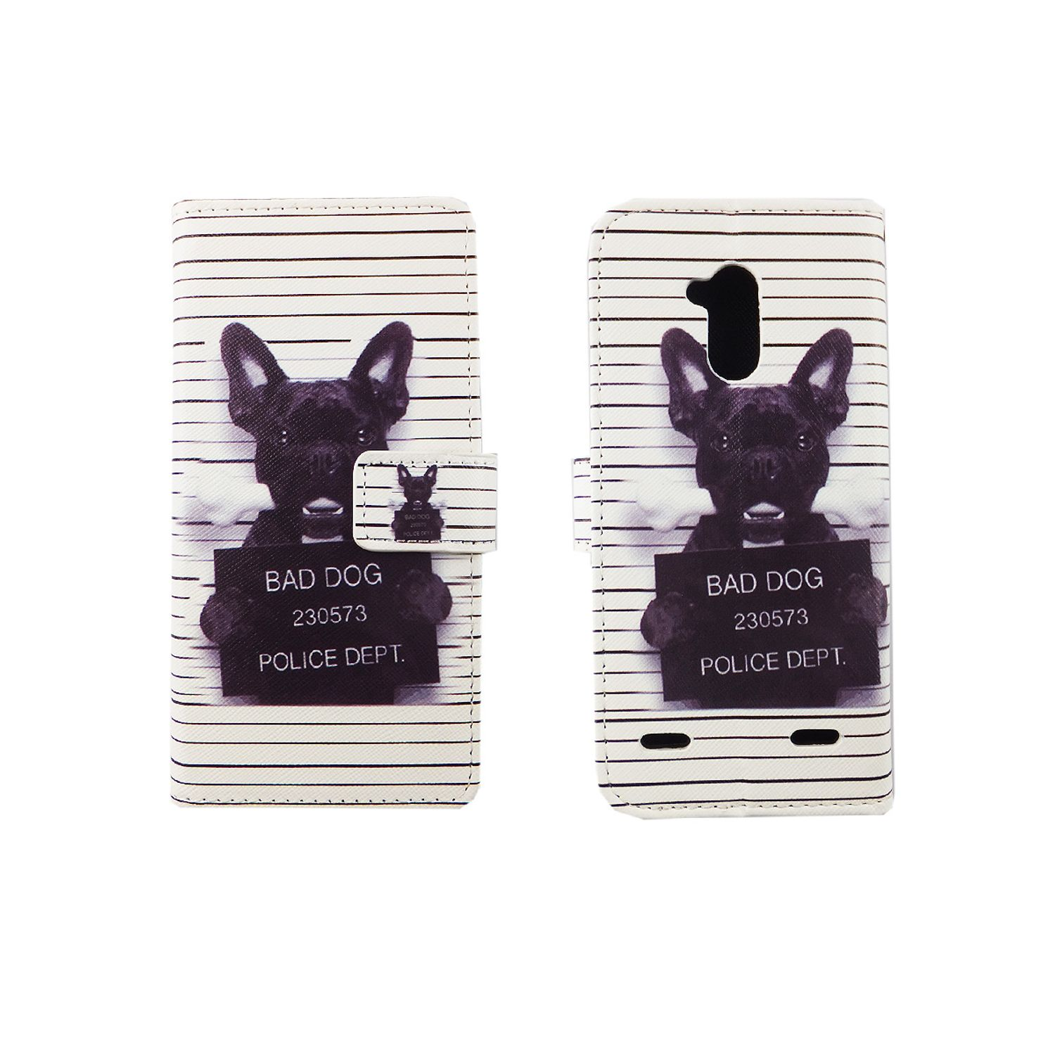 Handyhülle mit einem Fahndungsfoto-Design eines schwarzen Hundes. Text: Bad Dog, Police Dept. Die Hülle ist geöffnet.