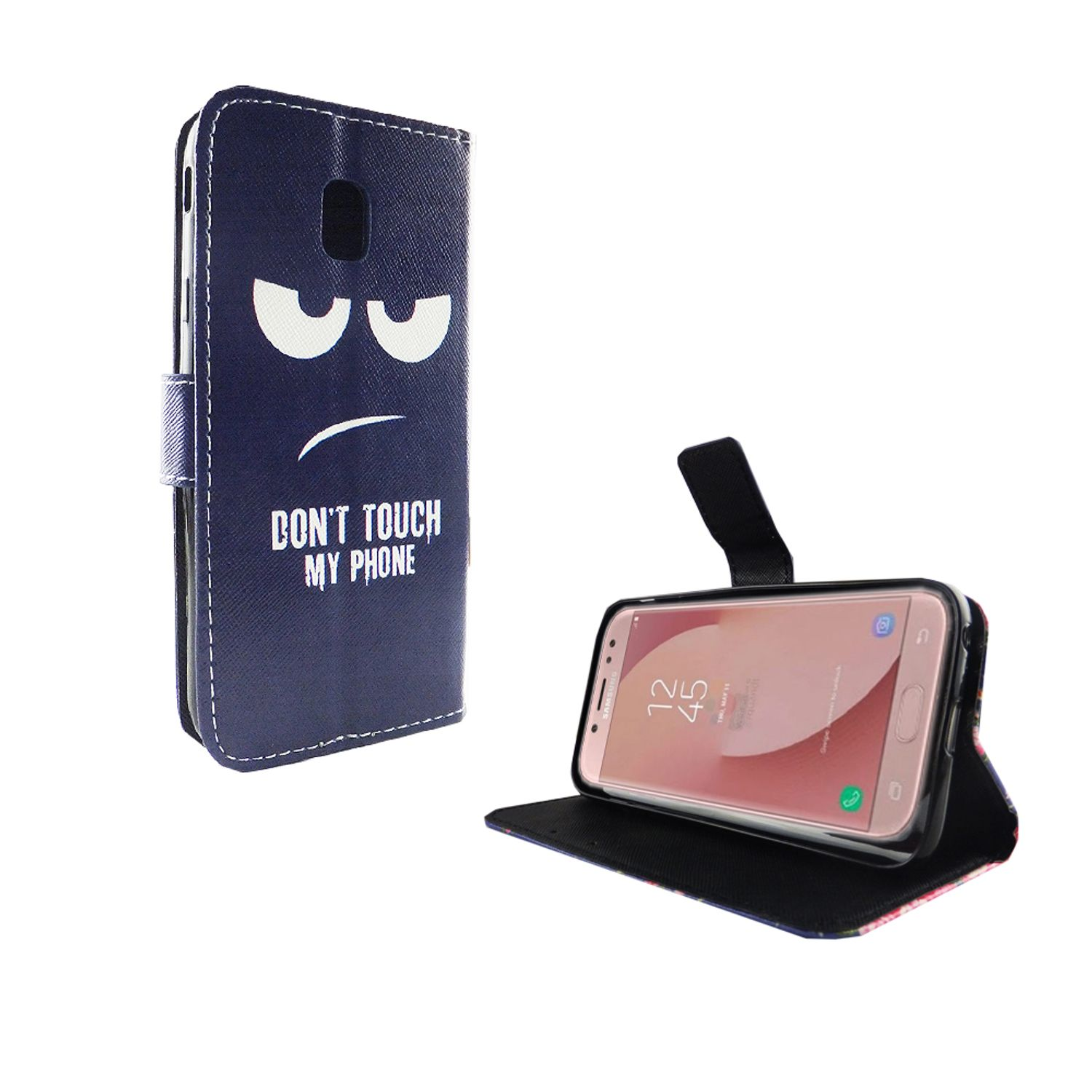 Blaue Handyhülle mit Text "DON'T TOUCH MY PHONE" und traurigem Gesicht.