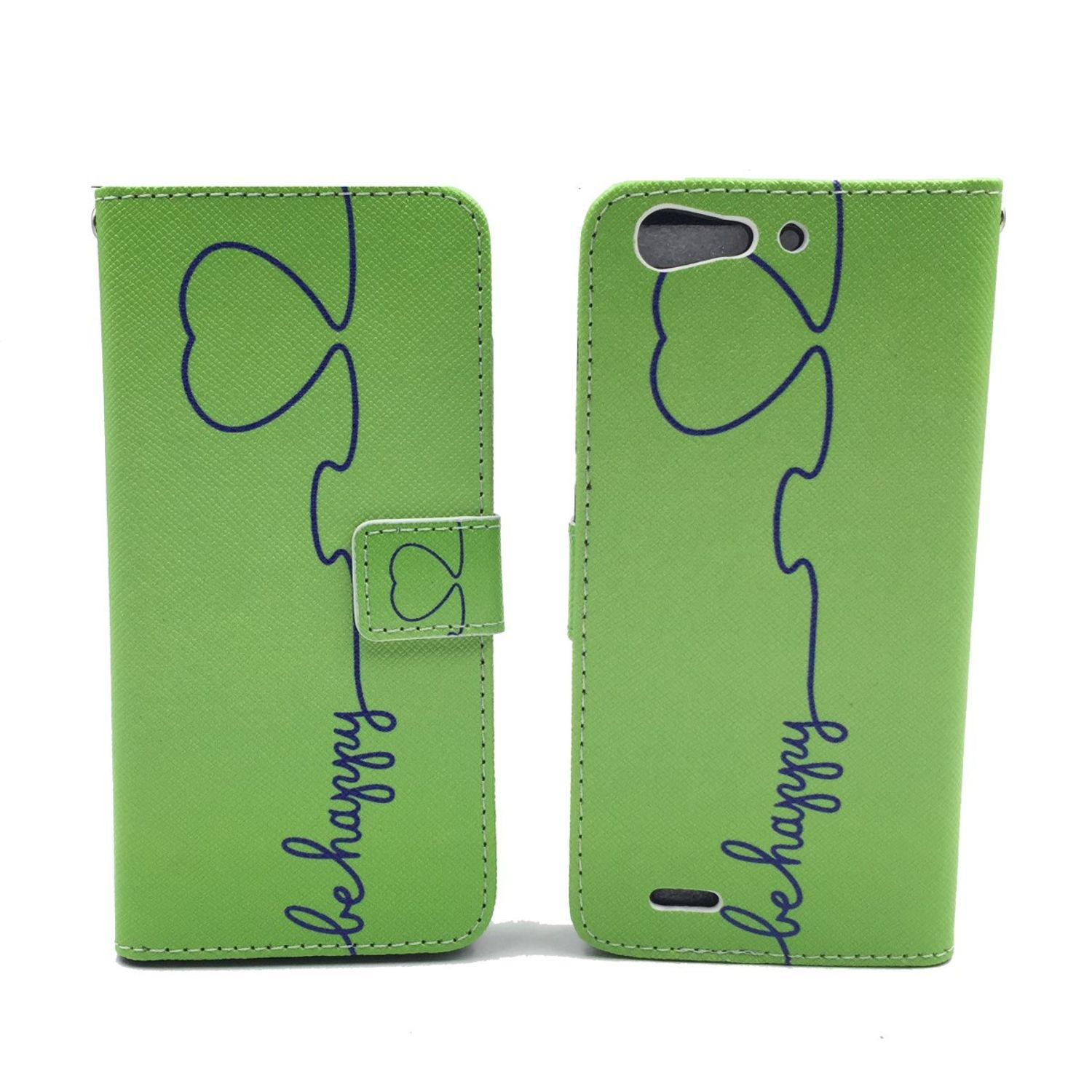 Grüne Handyhülle mit Herzdesign und den Worten 'be happy'.