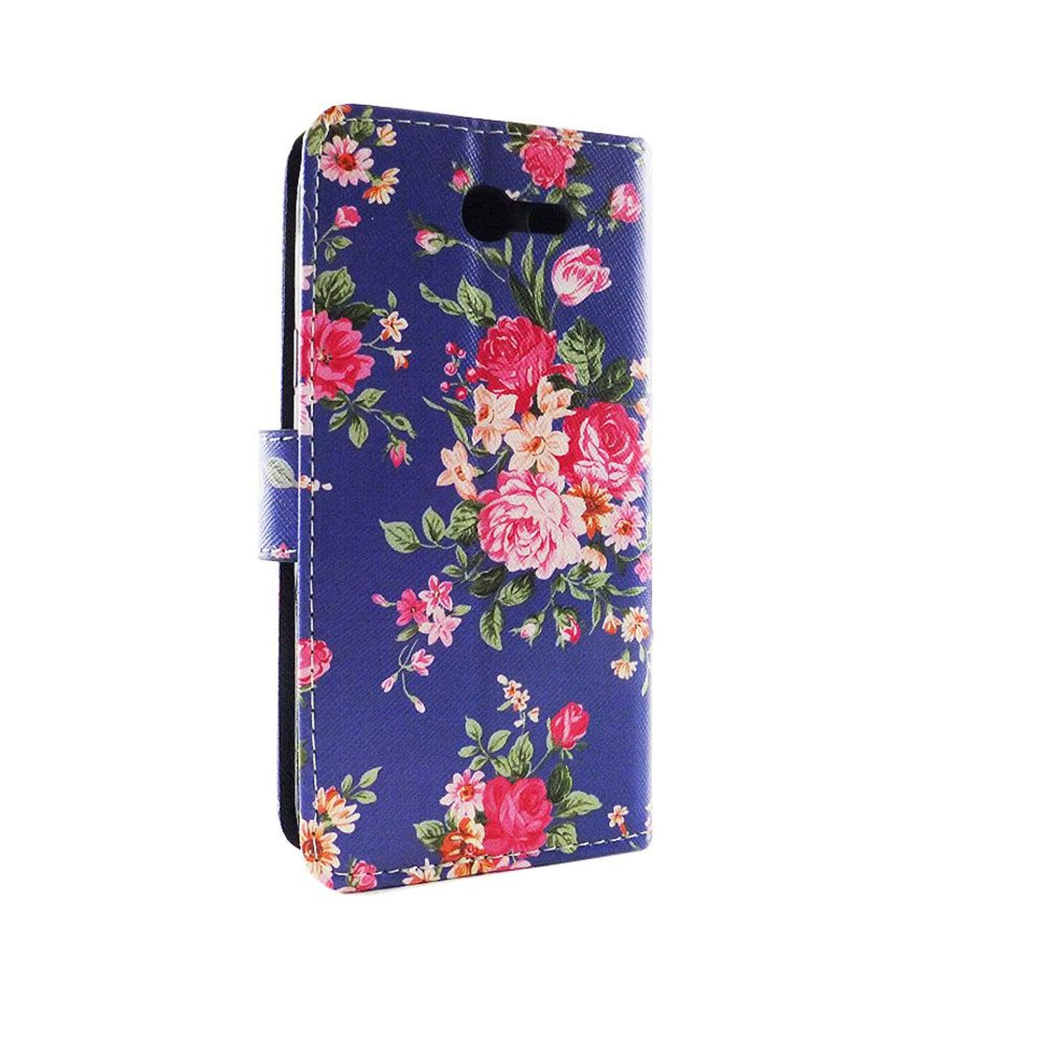 Blaue Handyhülle mit floralem Design. Rosen und andere Blumen. Weißer Hintergrund.