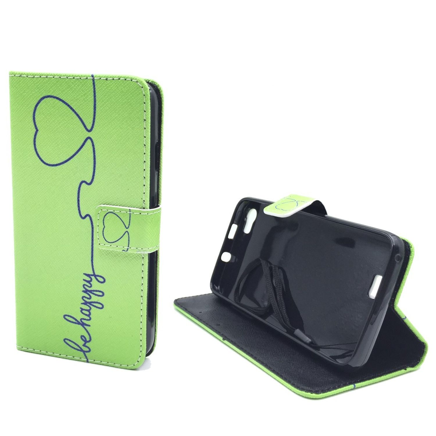 Grüne Handyhülle mit Herzdesign und dem Wort 'be happy', geöffnet mit Handy.