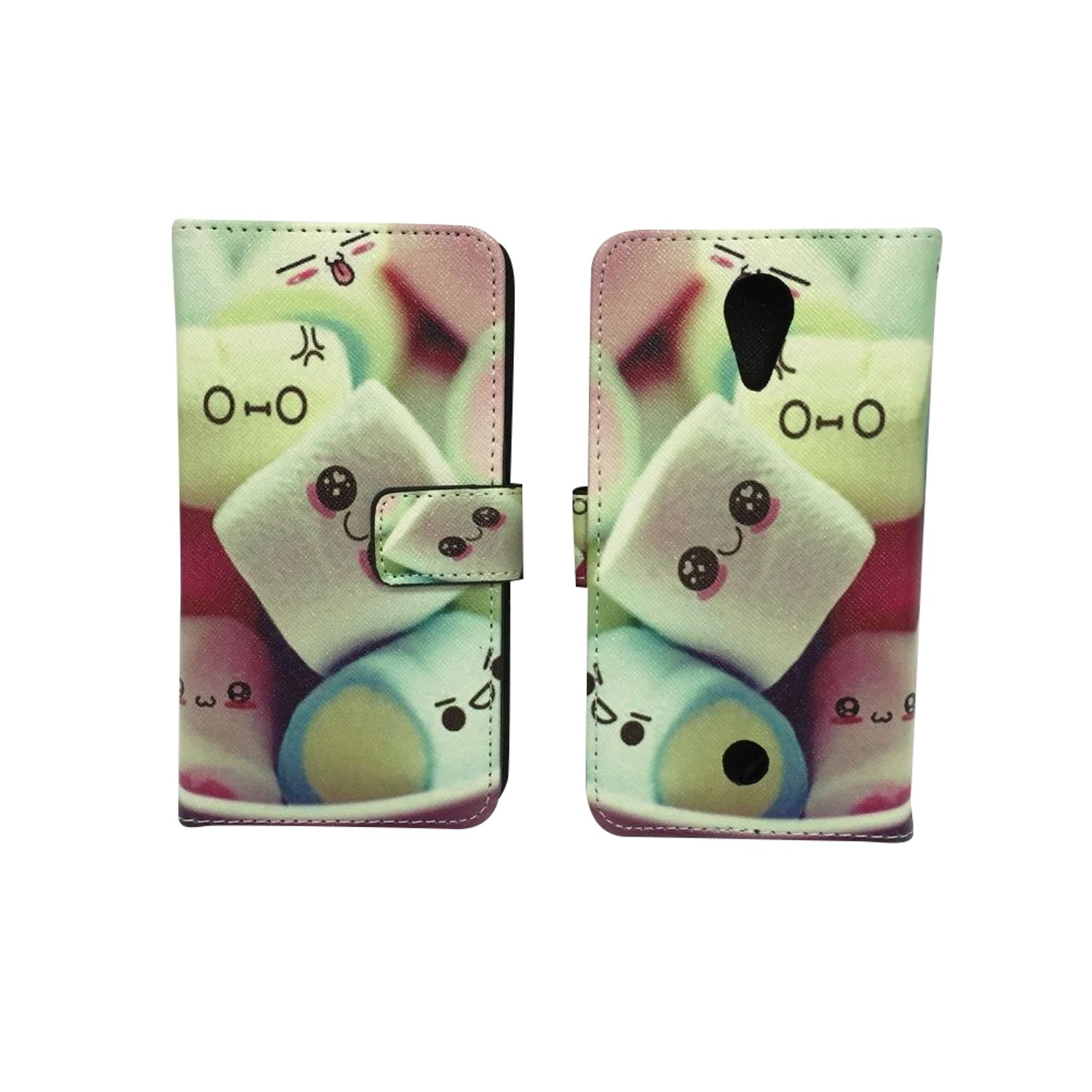 Eine Handyhülle mit Marshmallow-Design. Die Hülle ist geöffnet und geschlossen und zeigt Marshmallows mit Gesichtern.