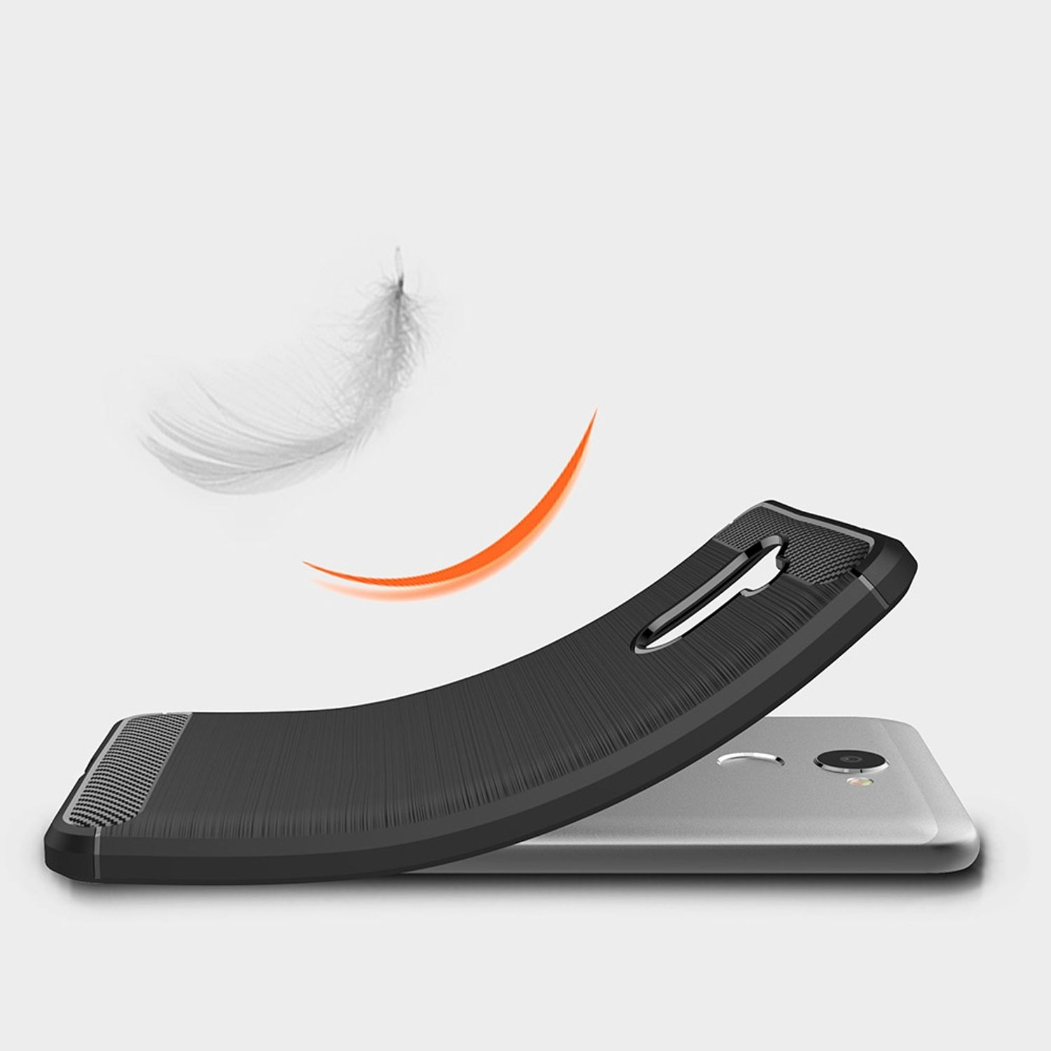 Schwarze Handyhülle, das Telefon ist unten, eine Feder und eine orange Linie sind oben.