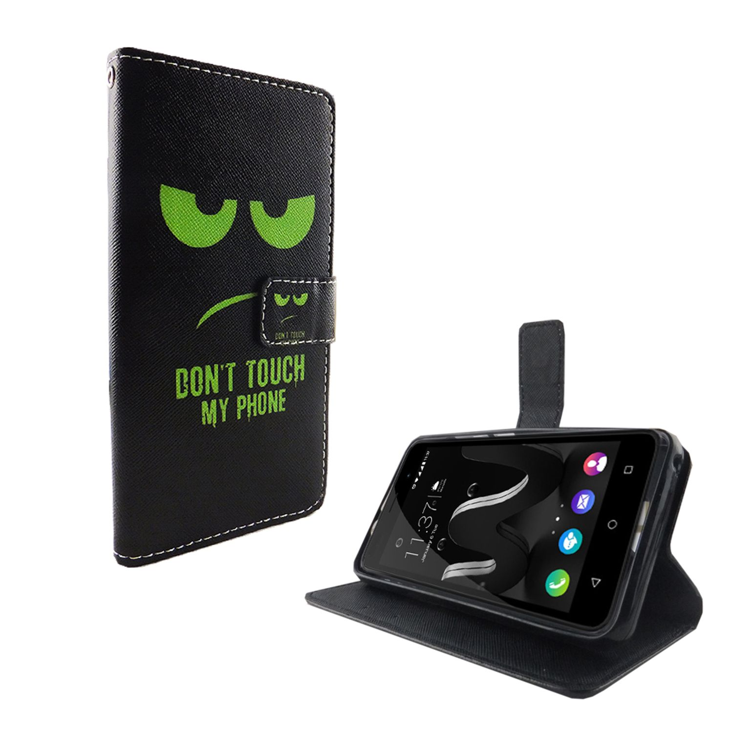 Schwarze Handyhülle mit grimmigem Gesicht und Text: Berühre mein Handy nicht. Telefon ist auf Hülle.