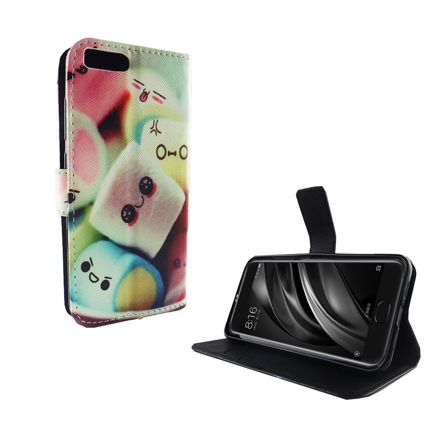 Handyhülle mit Marshmallow-Grafik. Ein Telefon befindet sich in der Hülle.