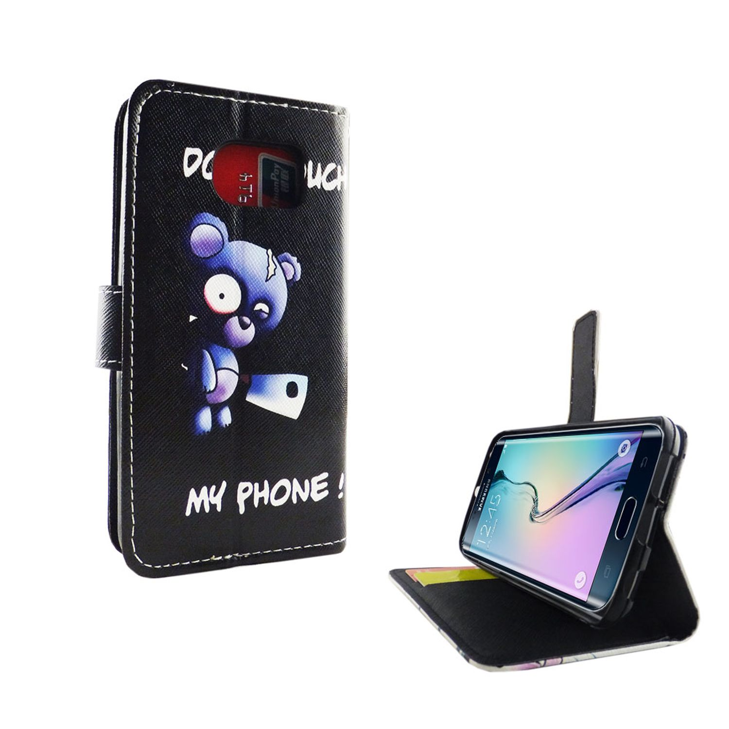 Schwarze Handyhülle mit einem Bären, der eine Kettensäge hält und den Worten 'Don't touch my phone'.