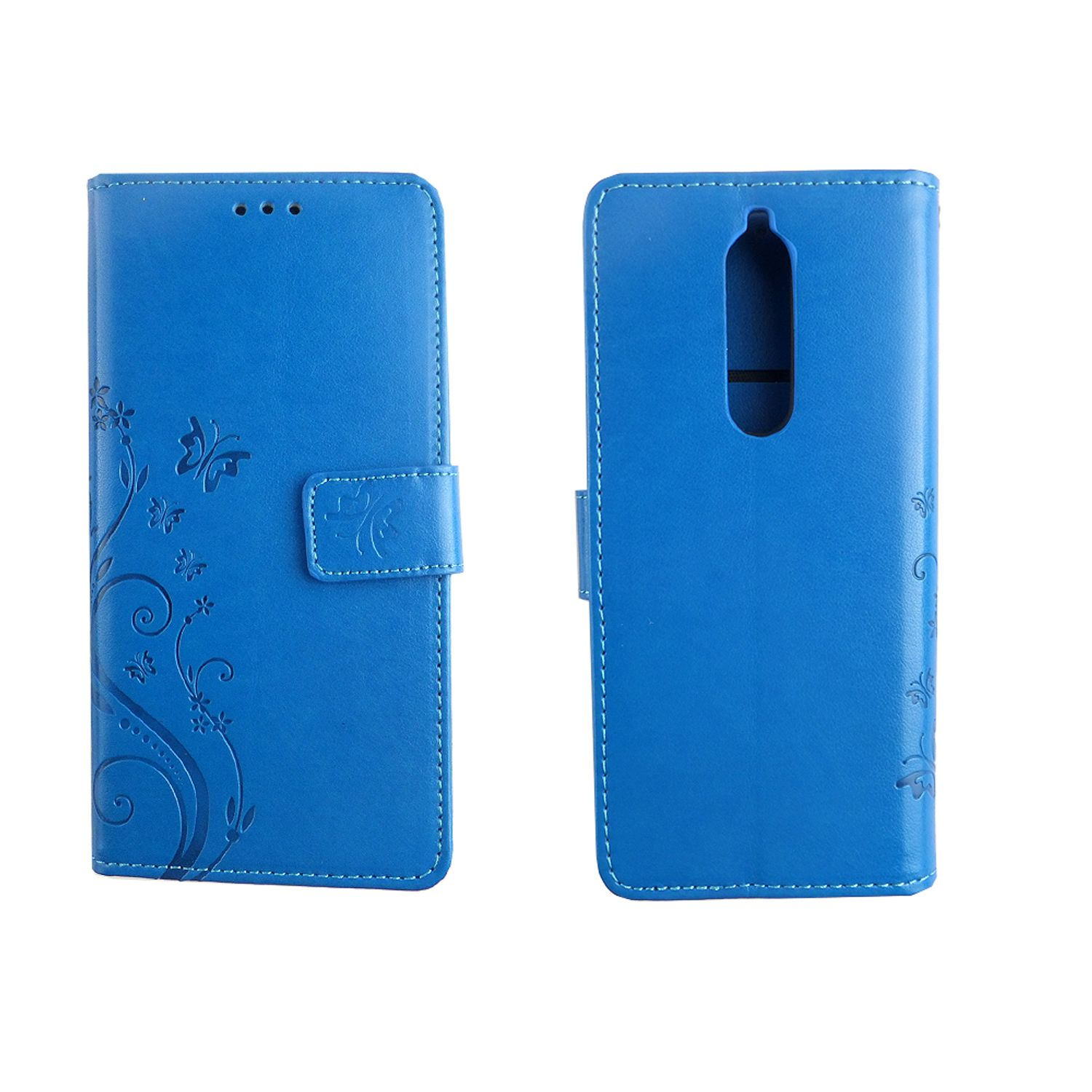 Blaue Handyhülle mit Blumen- und Schmetterlingsdesign, geschlossene und offene Ansichten.