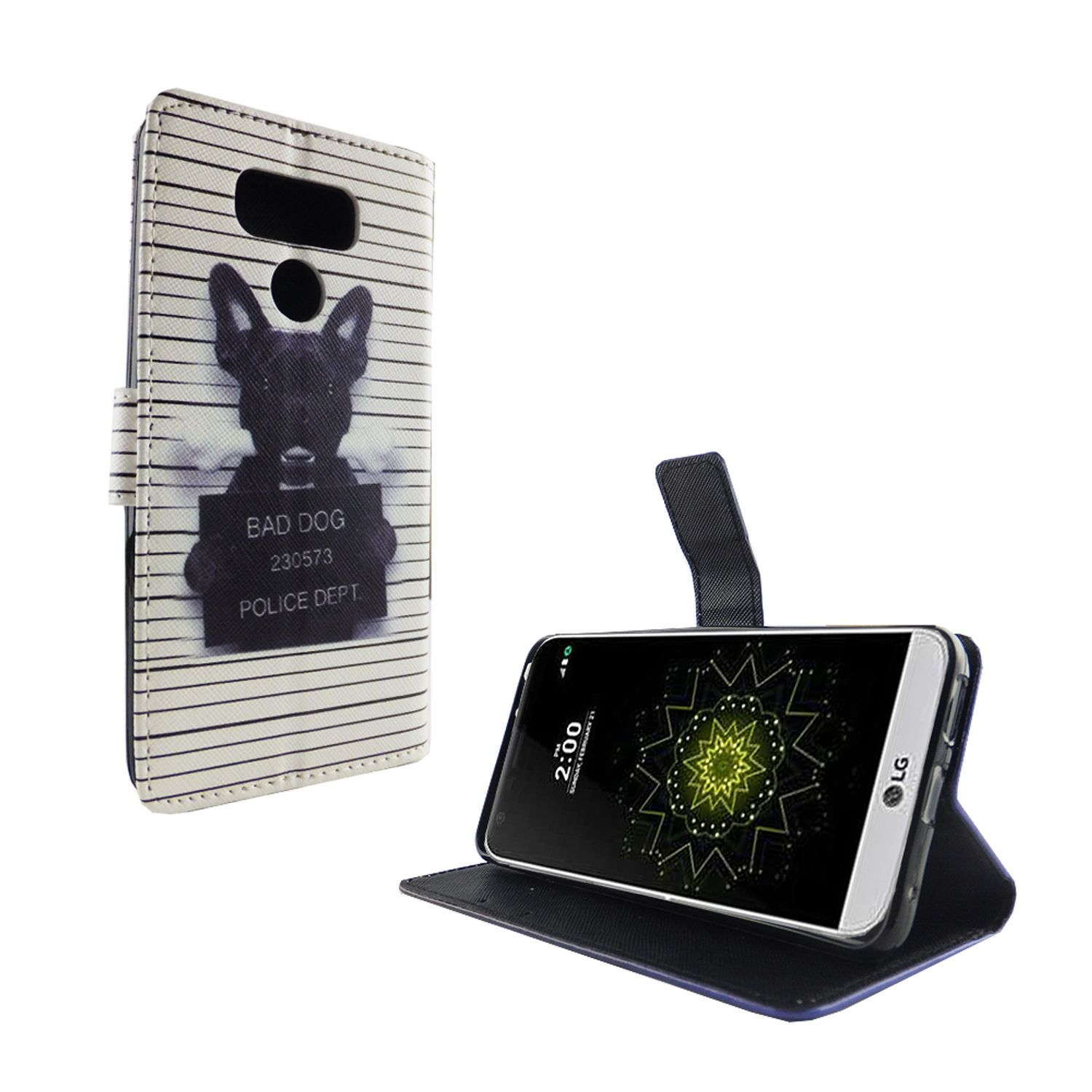 Handyhülle mit Hunde-Fahndungsfoto-Design. Telefon ist im Case, Bildschirm zeigt Stern.