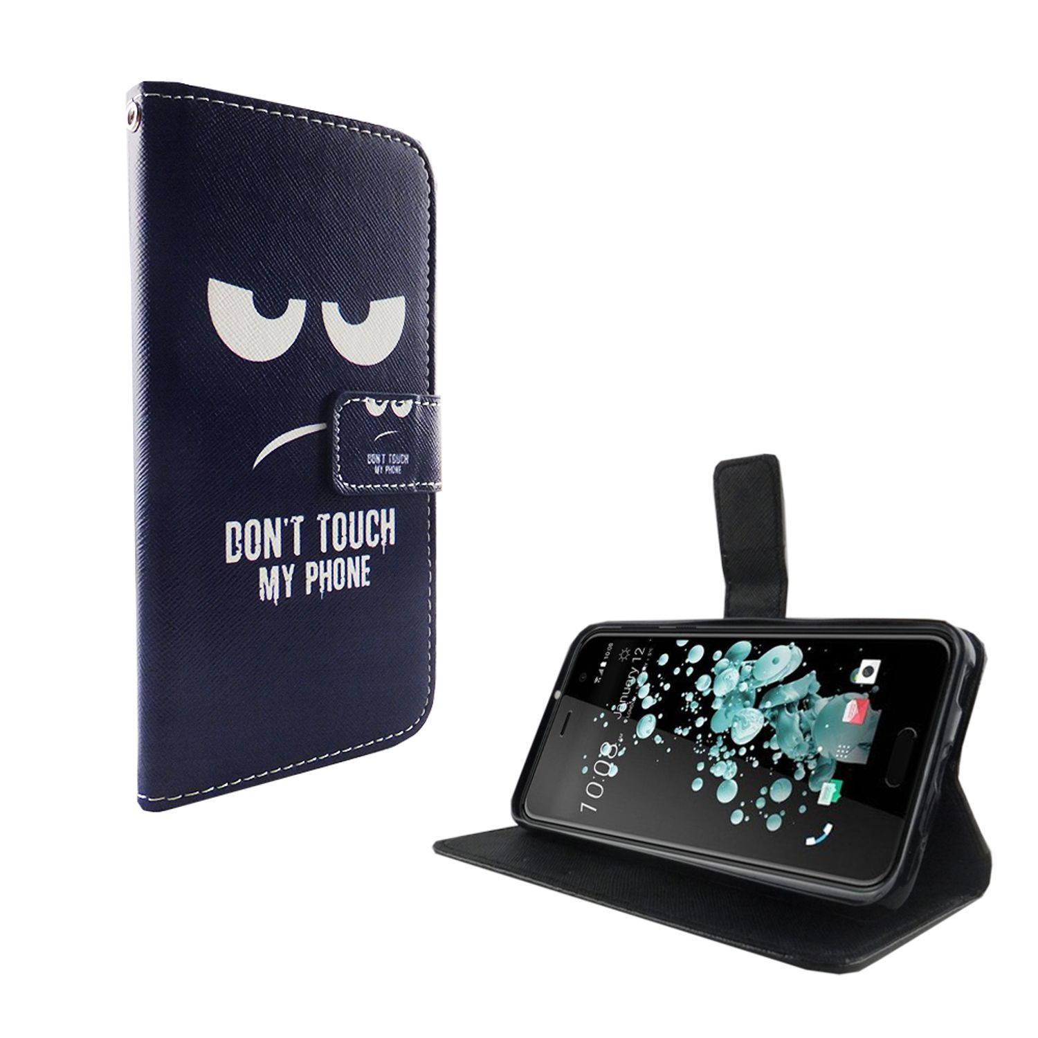 Blaue Handyhülle mit wütendem Gesicht. Text: Berühr mein Telefon nicht.