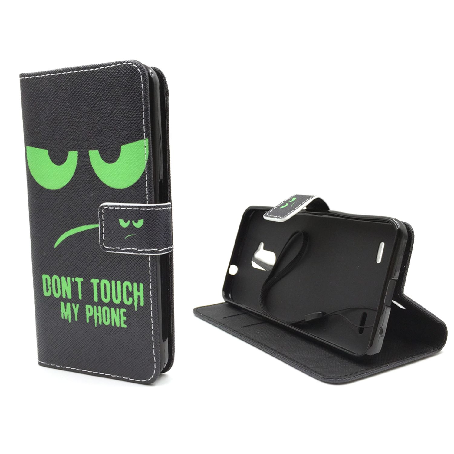Schwarze Handyhülle mit grünen Augen und Text: Don't Touch My Phone. Telefon drin.
