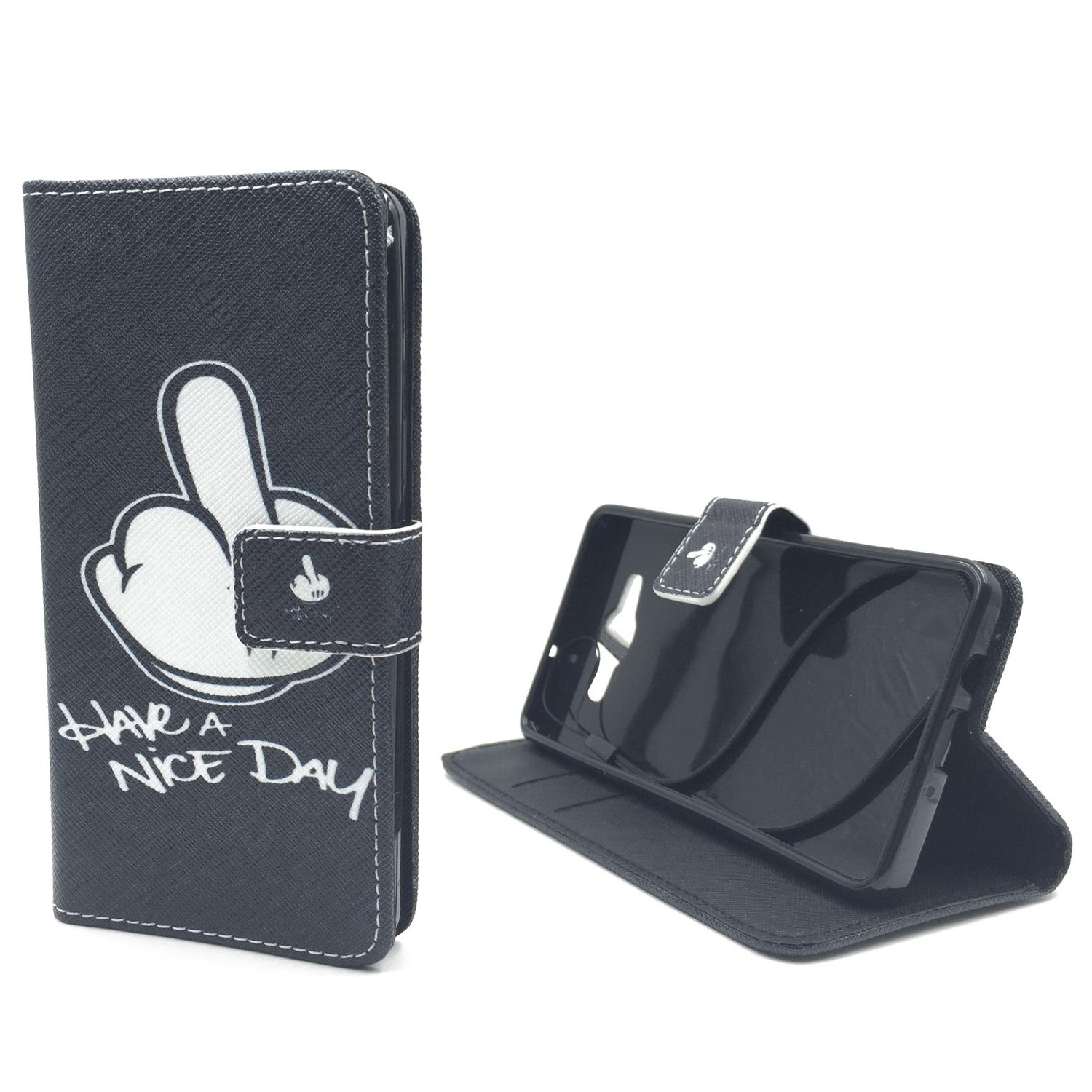 Schwarze Handyhülle mit Mittelfinger-Grafik und den Worten 'Have a nice day'.