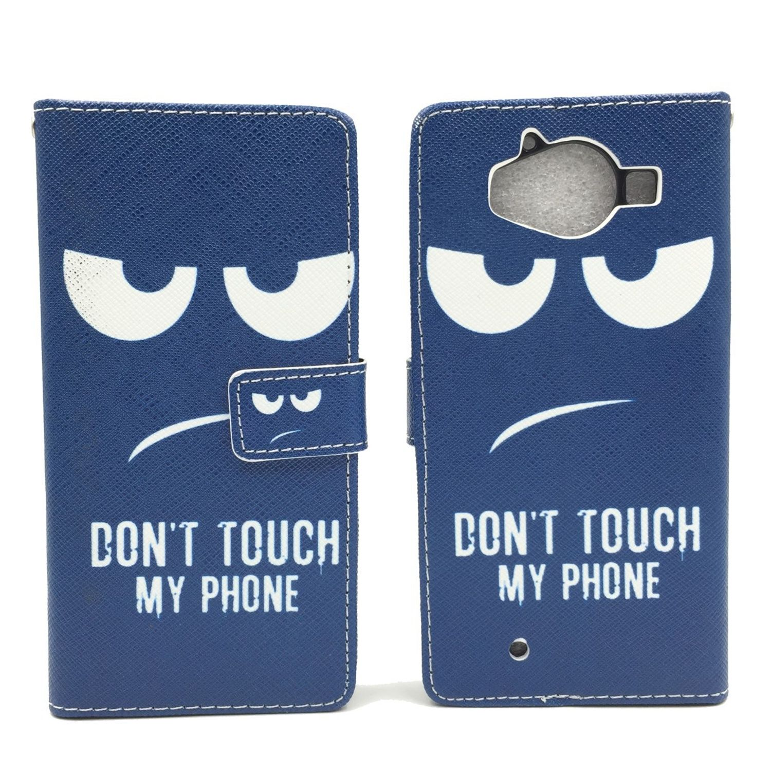 Blaue Handyhülle mit weißem Gesicht und den Worten "DON'T TOUCH MY PHONE". Die Hülle ist geschlossen.
