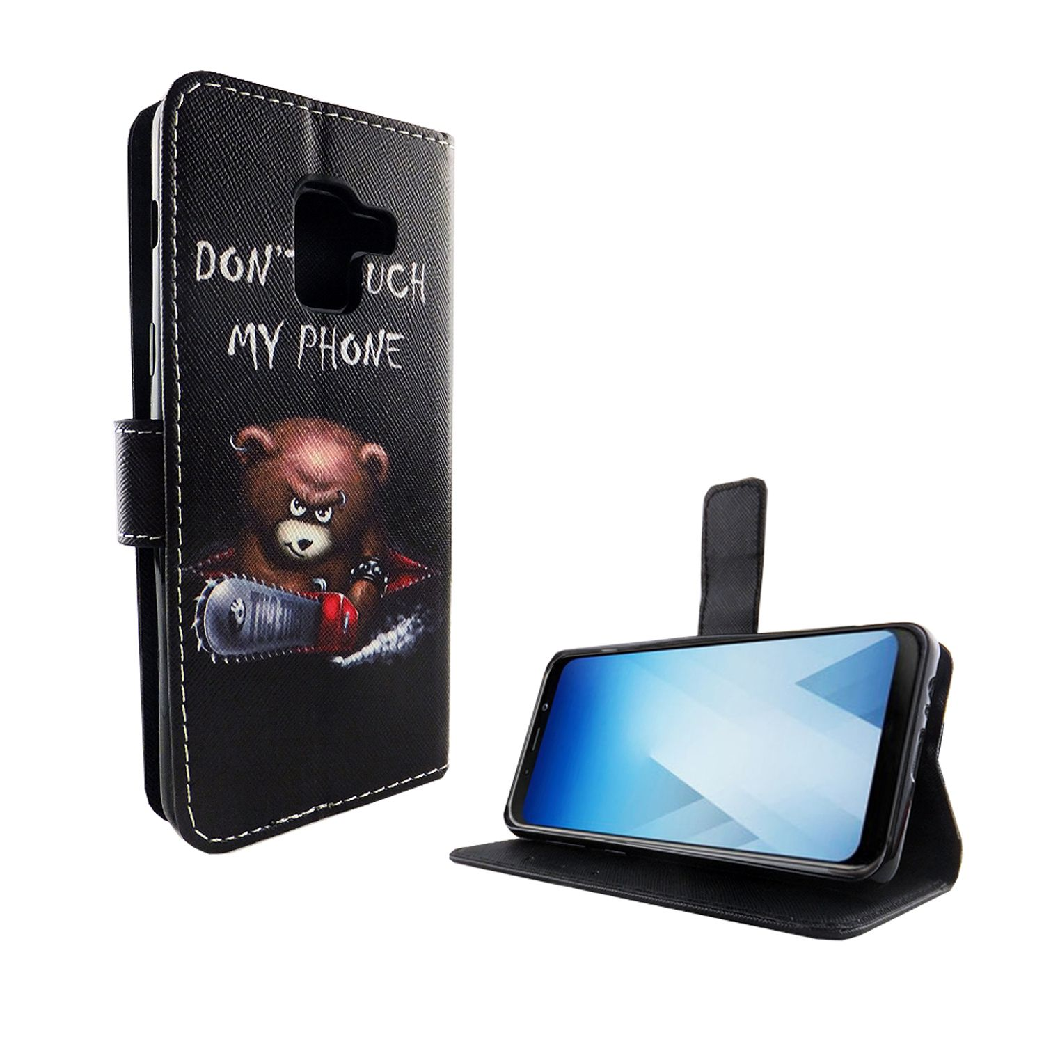 Schwarze Handyhülle mit Bär und Kettensäge. Text: Berühre mein Telefon nicht. Telefon drin.