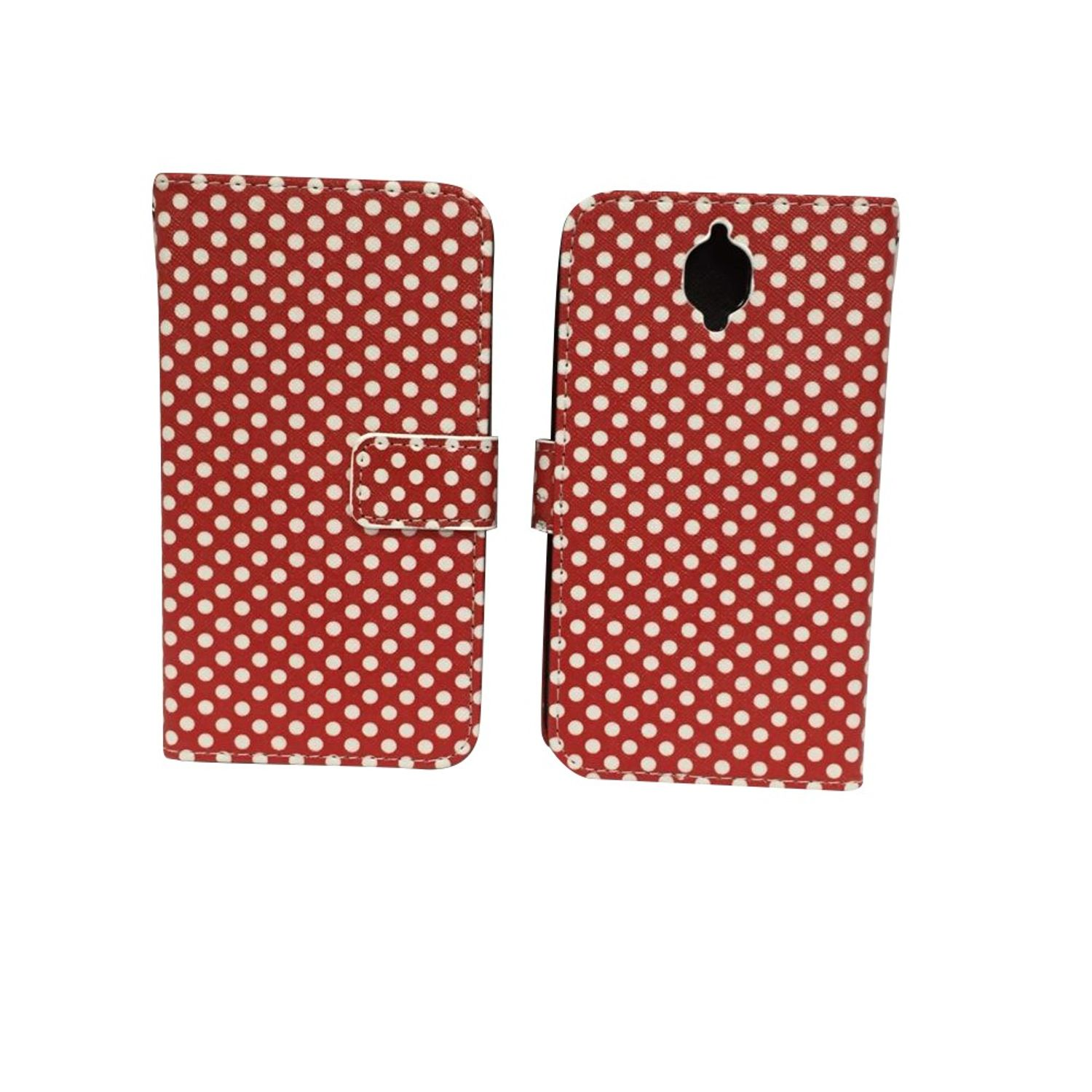Rote Handyhülle mit weißen Punkten. Die Handyhülle ist offen, mit einem Telefon darin.