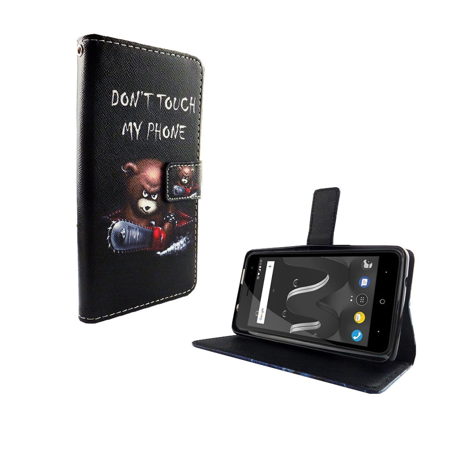 Schwarze Handyhülle mit 'Don't touch my phone' und Bär. Telefon sichtbar.