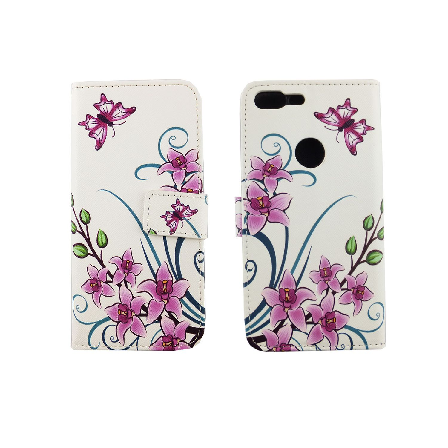 Weißes Handycase mit rosa Blumen und Schmetterlingen auf weißem Hintergrund. Die Hülle ist offen.