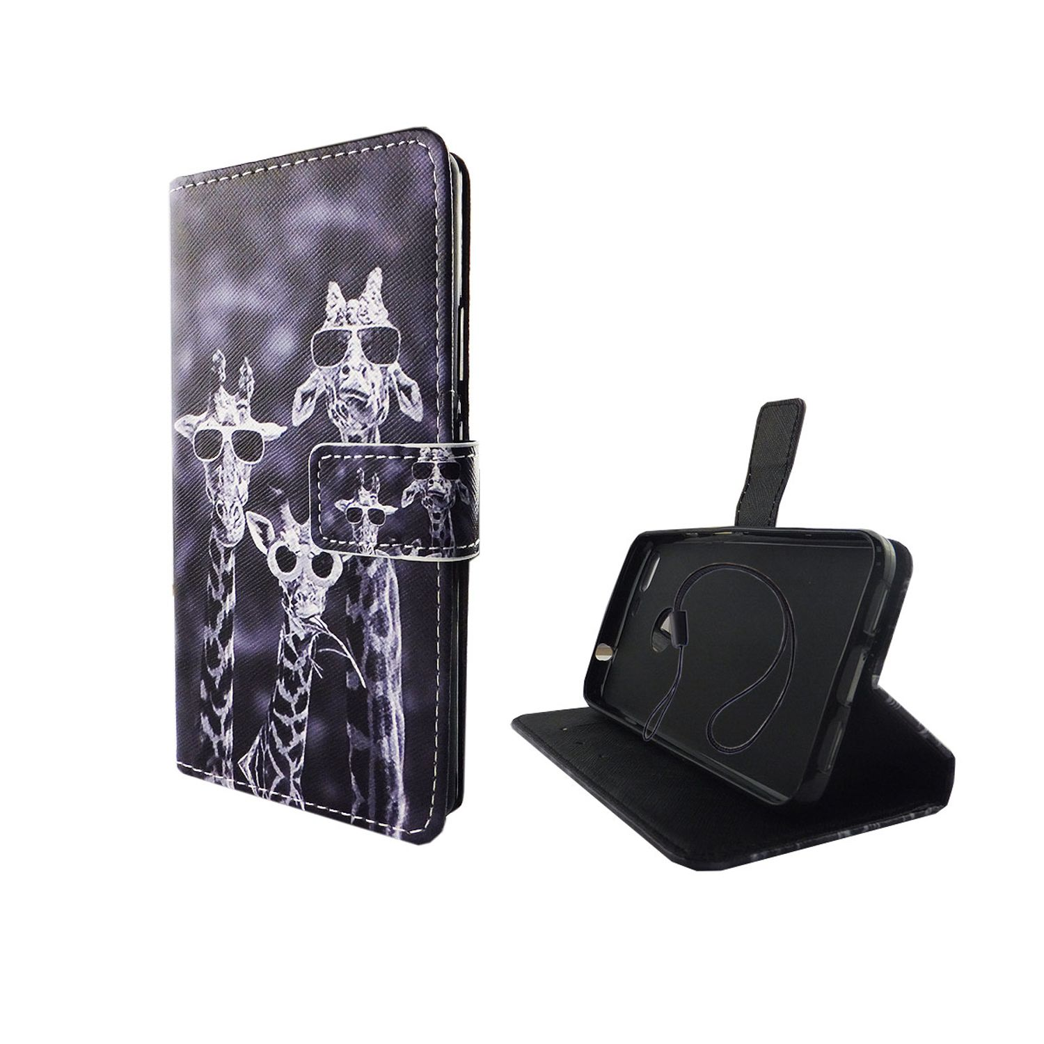 Eine schwarze Handyhülle mit Giraffen mit Sonnenbrillen, geöffnet, um ein Telefon zu zeigen.