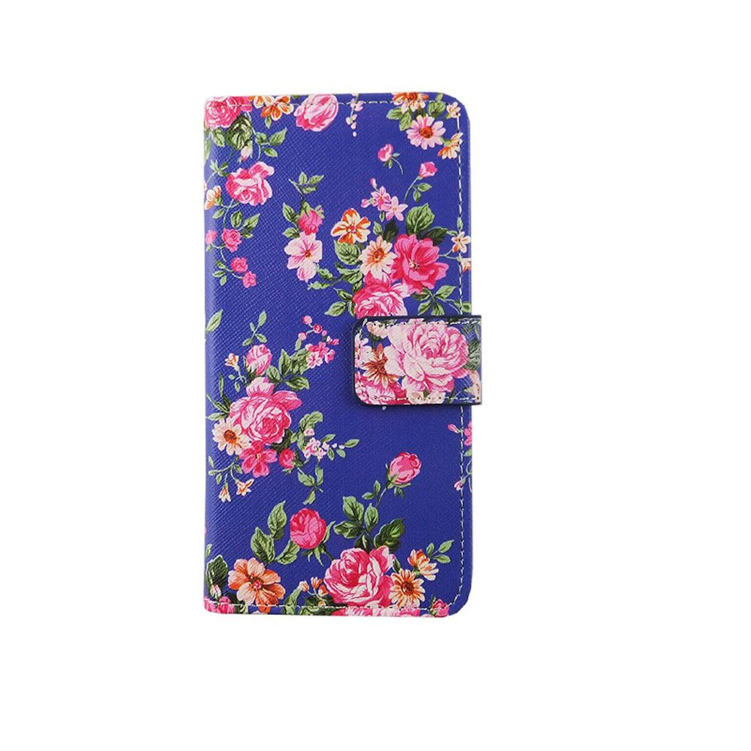 Eine blaue florale Handyhülle mit Rosen, rosa Blumen und grünen Blättern auf weißem Grund.