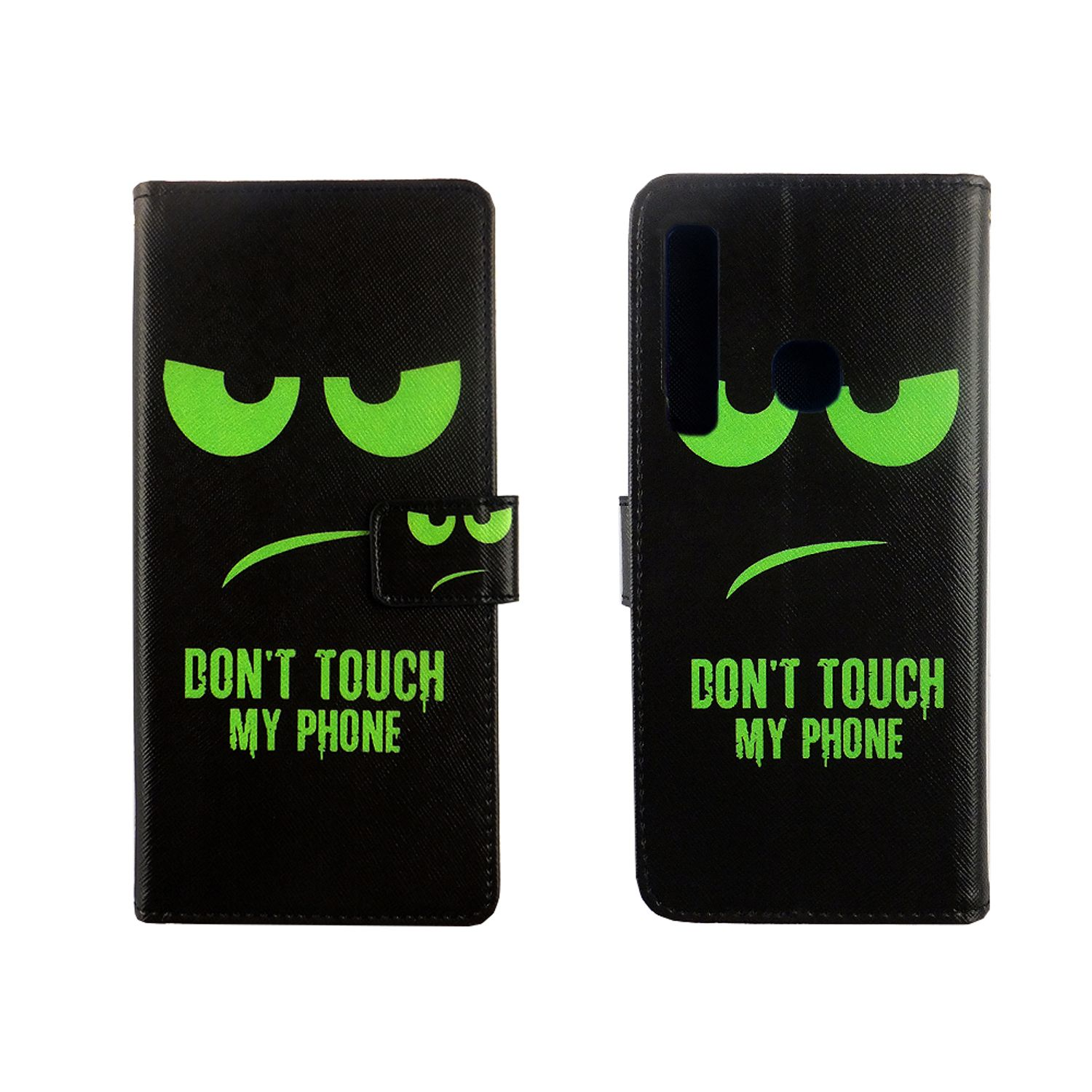 Schwarze Handyhülle. Grünes wütendes Gesicht. Text: Don't touch my phone. Weißer Hintergrund.