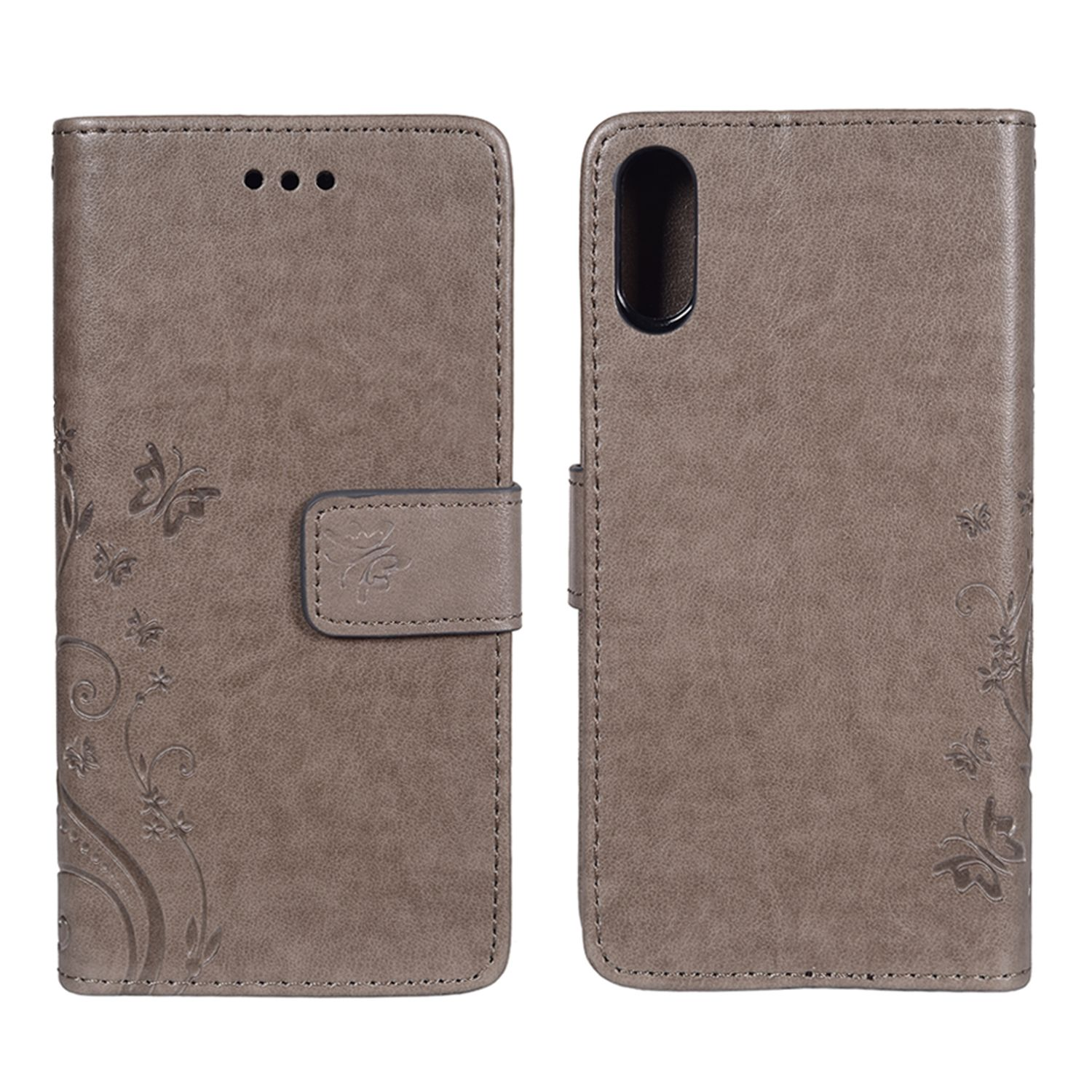 Braune Handyhülle mit floralem Design. Das Etui ist links geschlossen und rechts geöffnet.