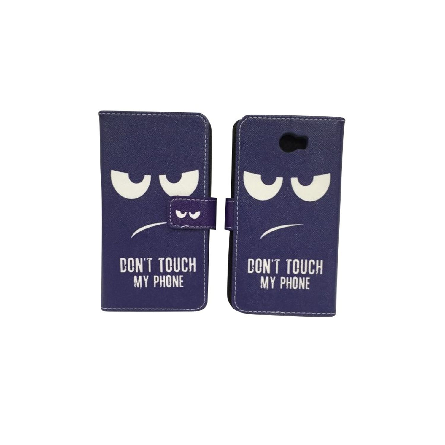 Zweiteilige Handyhülle mit traurigem Gesicht. Lila Farbe. Text lautet "DON'T TOUCH MY PHONE".