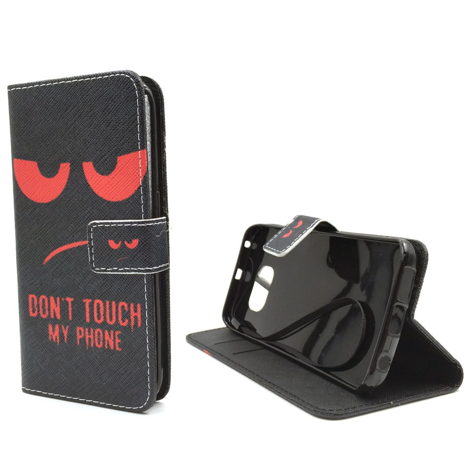 Schwarze Handyhülle mit wütendem Gesicht und Text 'DON'T TOUCH MY PHONE'. Geöffnet, zeigt schwarzes Telefon.