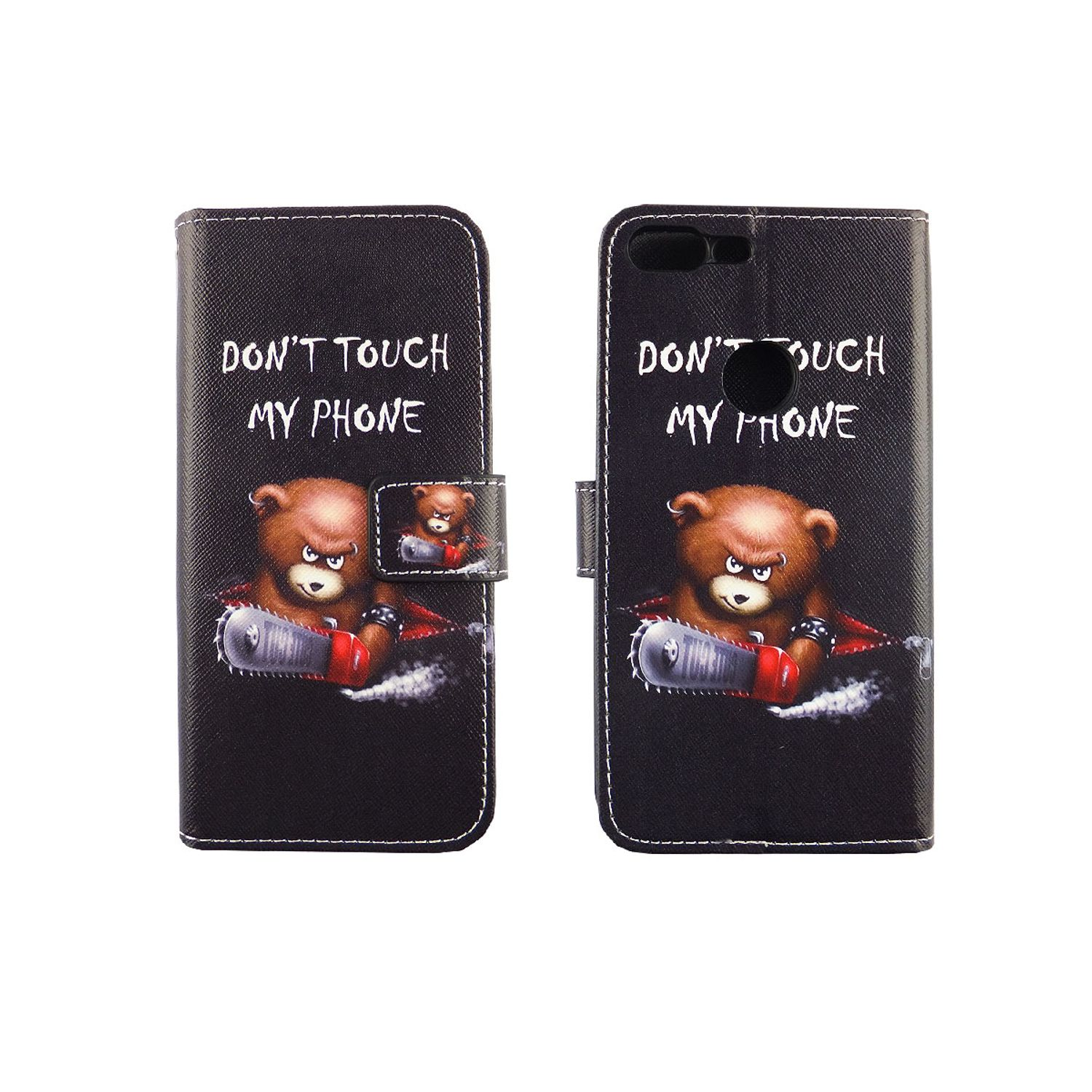 Telefonhülle mit Bär, der eine Kettensäge hält, Text 'DON'T TOUCH MY PHONE'.