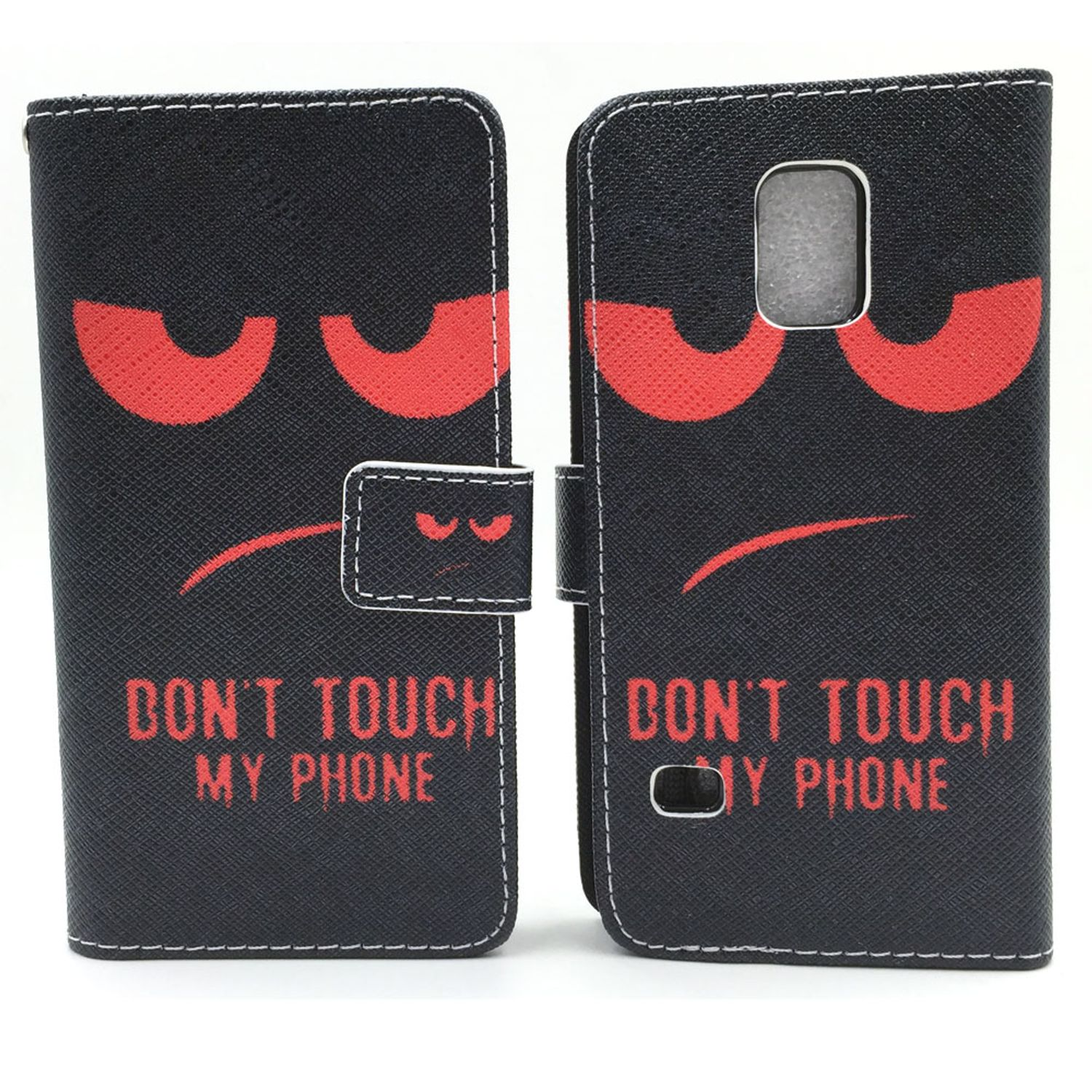 Eine Handyhülle ist geöffnet und zeigt ein Design eines grimmigen Gesichts mit roten Augen und dem Text „FASS MEIN TELEFON NICHT AN“.