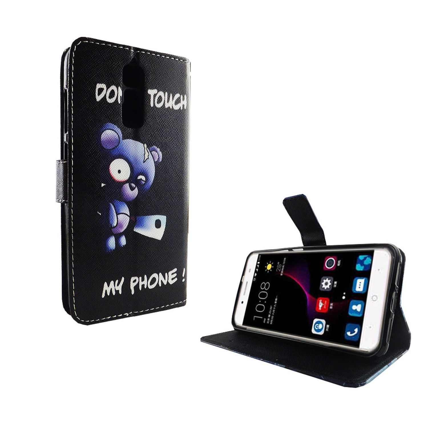 Schwarze Handyhülle mit Bärenillustration und den Worten 'DON'T TOUCH MY PHONE'. Ein Telefon ist offen.