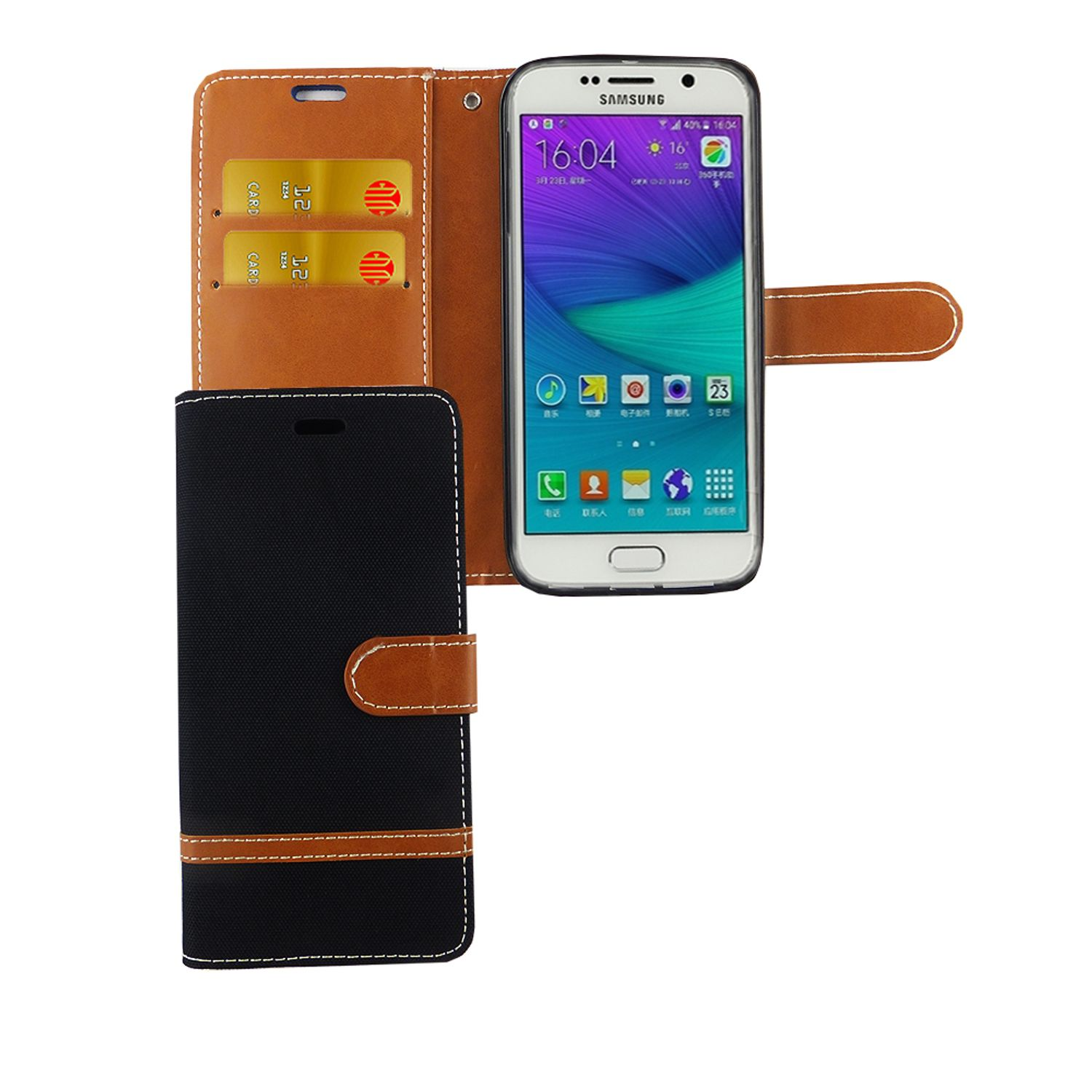 Eine braune und schwarze Handyhülle mit Telefon. Das Telefon zeigt Uhrzeit und Datum. Zwei Karten sichtbar.