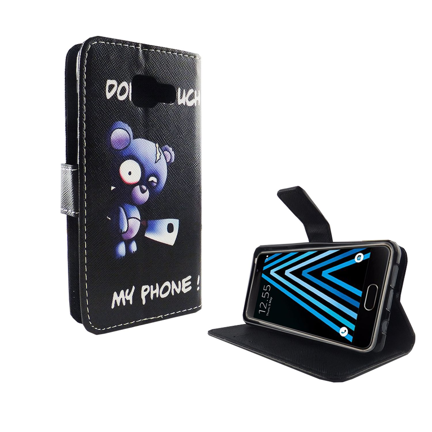 Schwarze Handyhülle mit Cartoon-Bär mit Messer, Text: „BERÜHREN SIE MEIN HANDY NICHT!“ Ein Telefon befindet sich im Inneren.