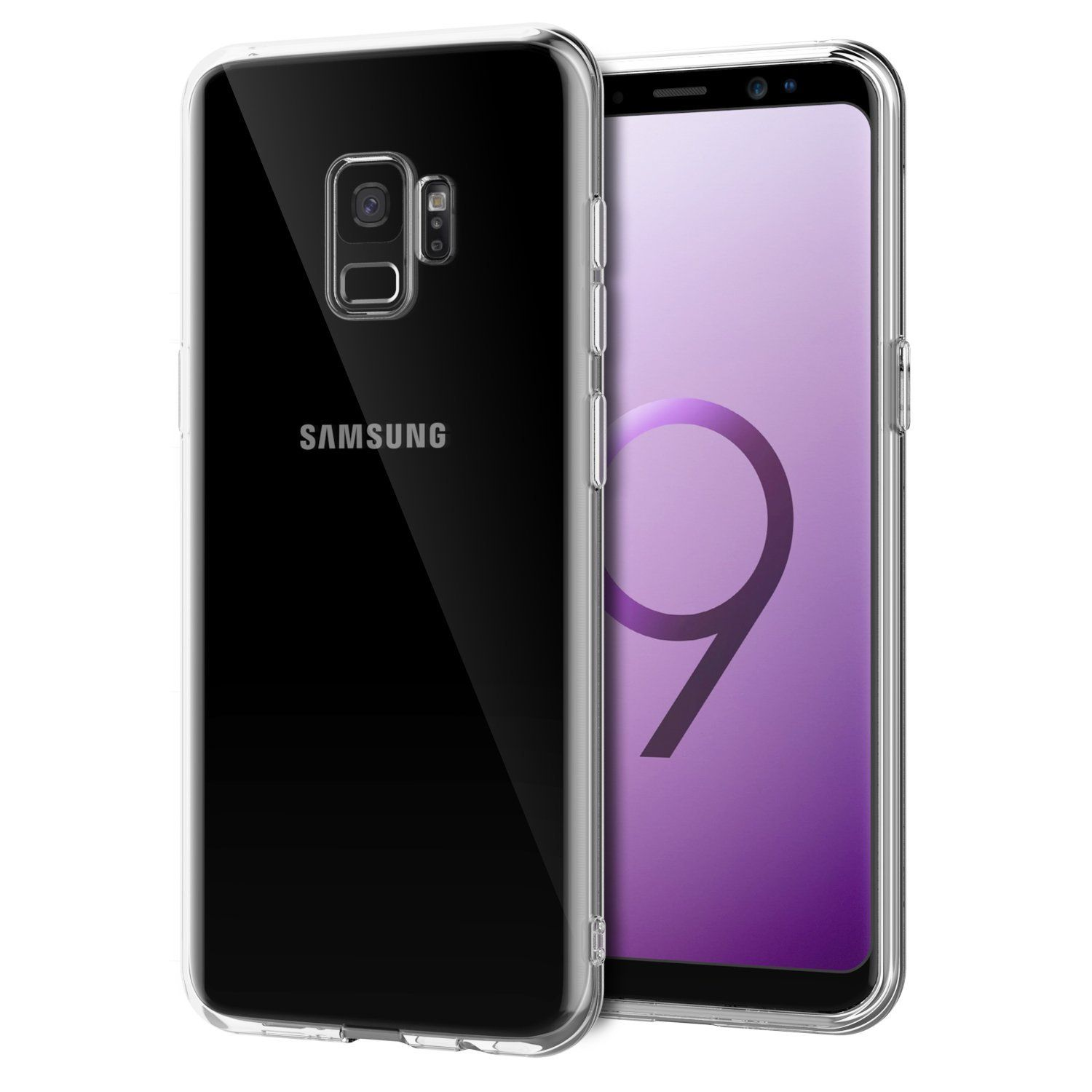 Transparente Handyhülle auf einem Samsung S9. Telefon ist sichtbar. Schwarze Rückseite, lila Bildschirm.