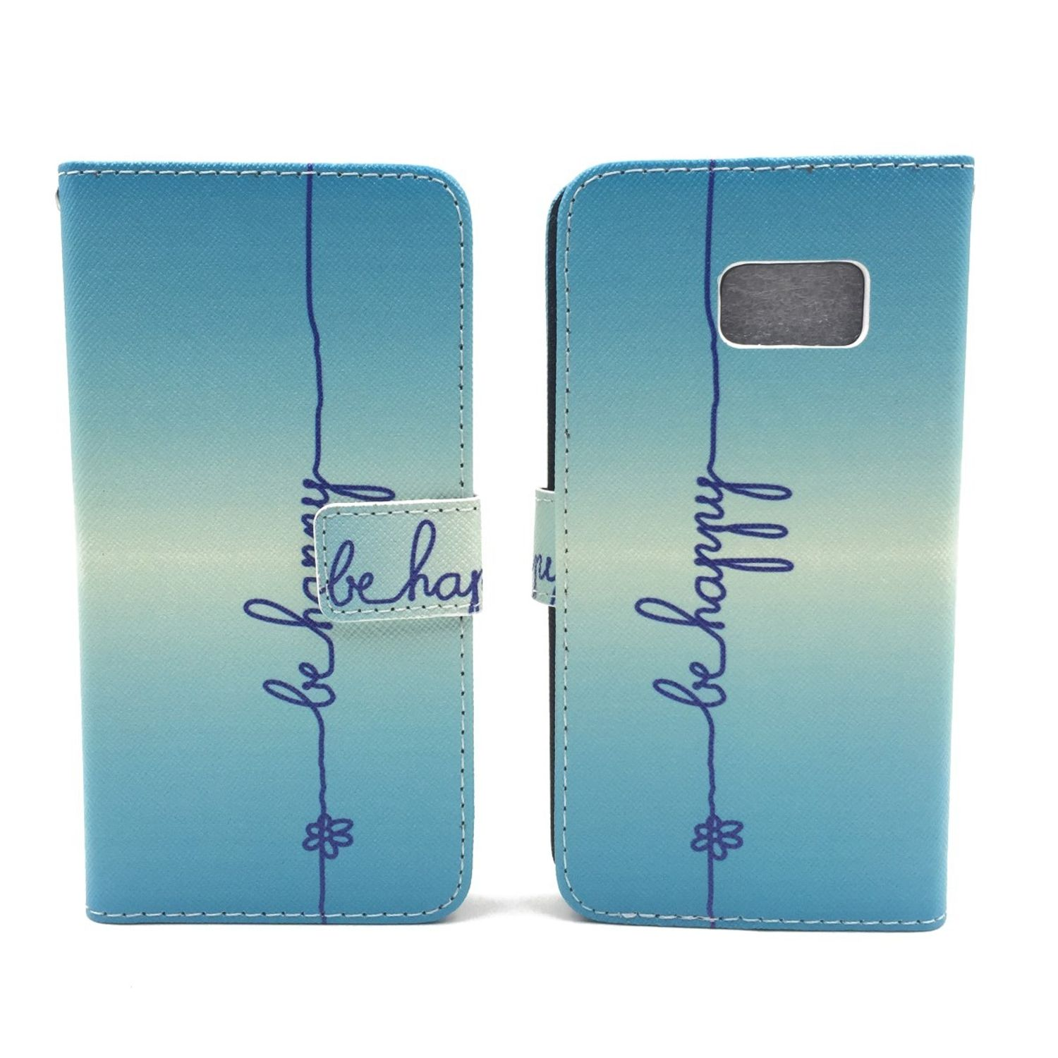 Blaue Handyhülle mit 'be happy' Text. Hülle ist offen. Weißer Hintergrund. Der Text ist handgeschrieben.