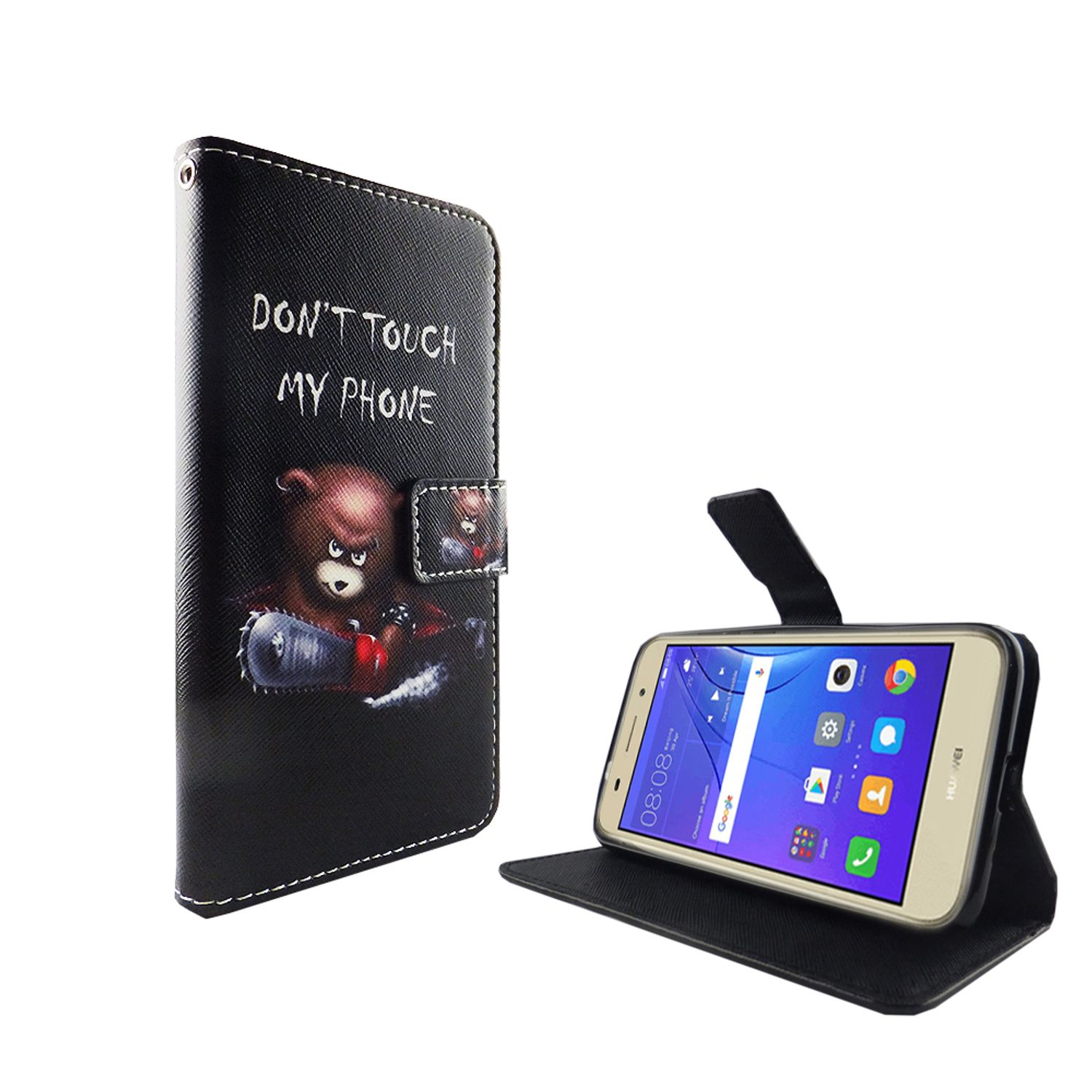 Schwarze Handyhülle mit Bär und Text. Telefon offen.