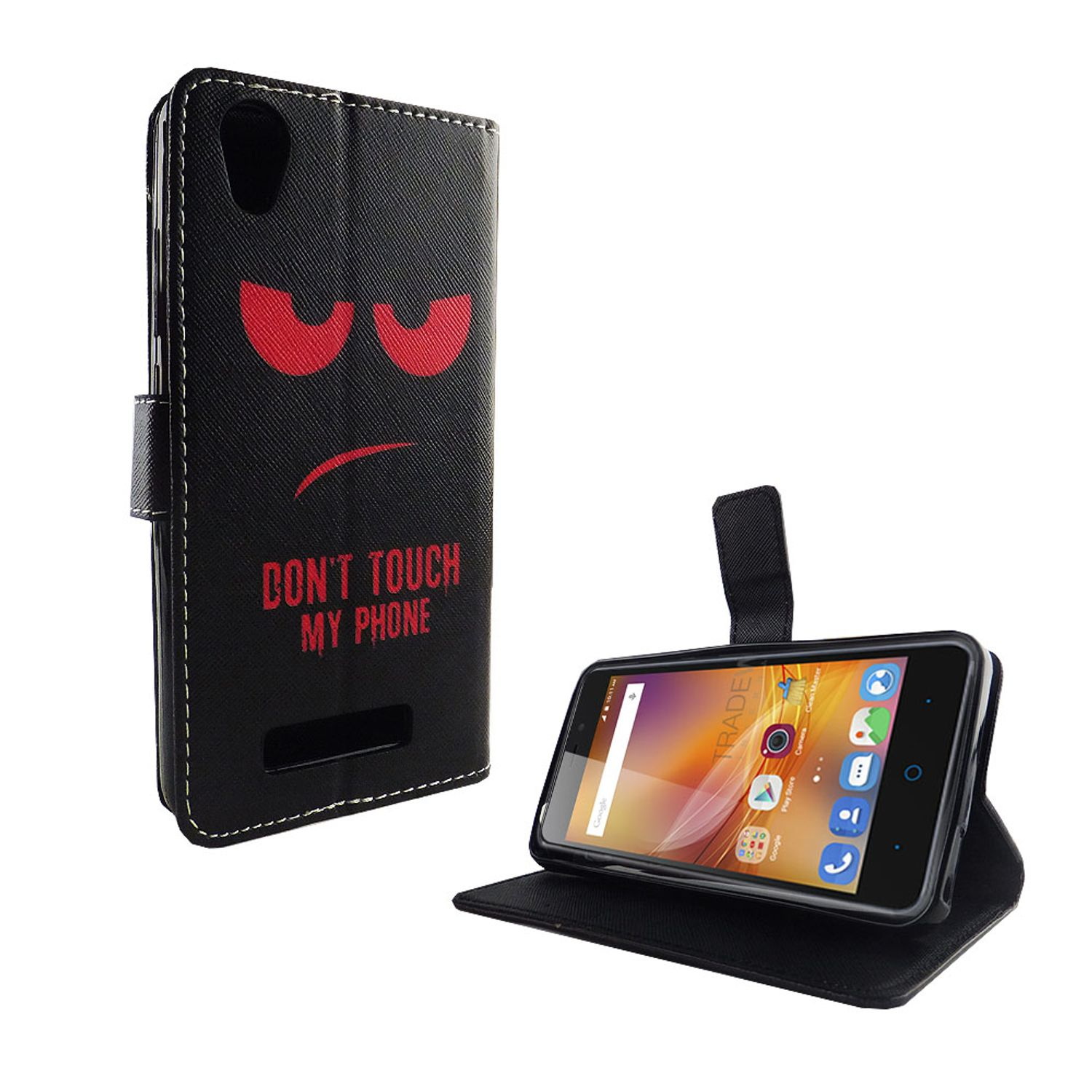 Eine schwarze Handyhülle mit einem roten wütenden Gesicht und dem Text „DON'T TOUCH MY PHONE“, offen und geschlossen.