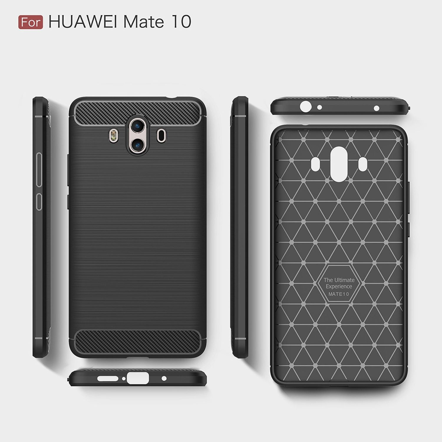 Schwarze Handyhülle für Huawei Mate 10. Zeigt Vorder-, Rück- und Seitenansicht. Hat eine Carbonfaserstruktur.