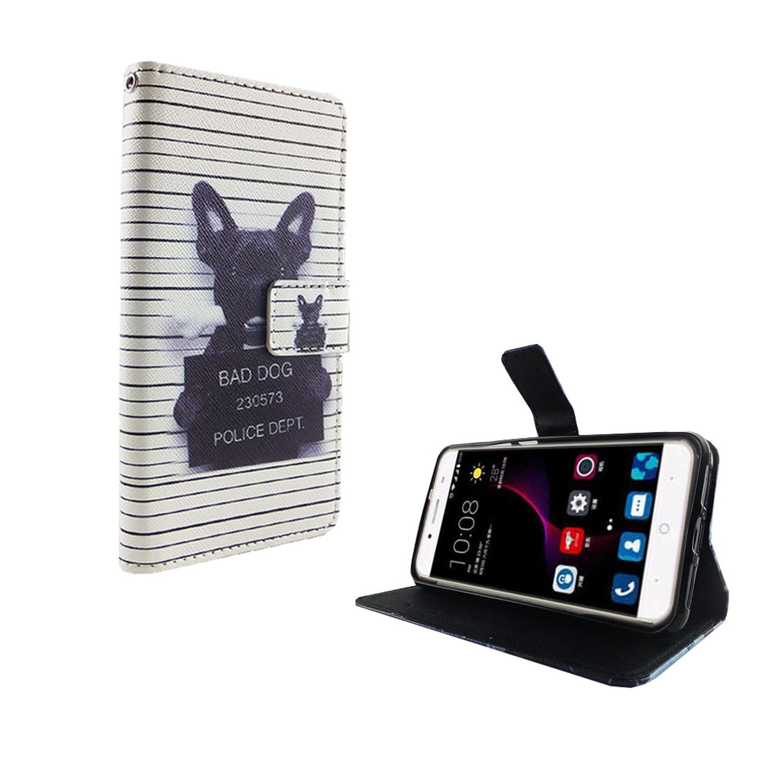 Handyhülle mit Hundefoto. Telefon in der geöffneten Hülle. Weißer Hintergrund.