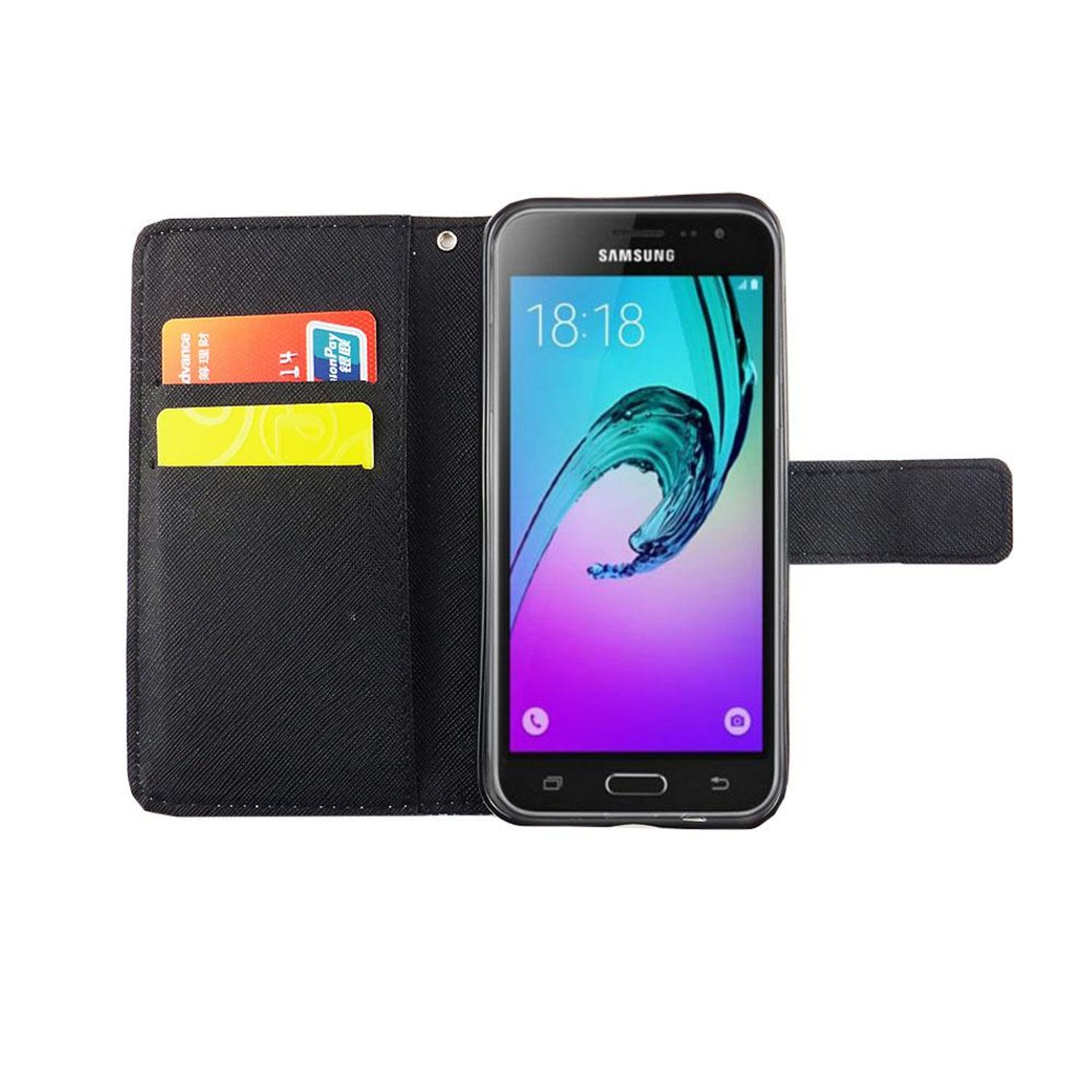 Schwarze Handyhülle mit Telefon darin. Der Telefonbildschirm zeigt die Uhrzeit. Weißer Hintergrund.