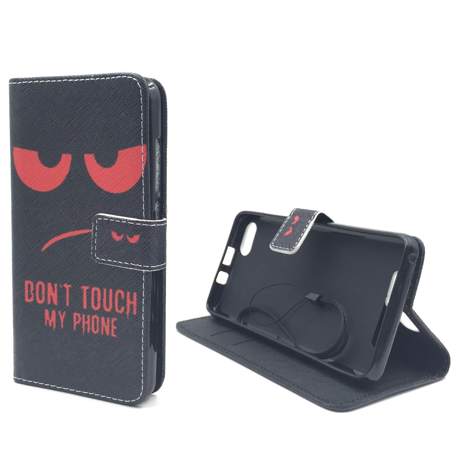 Schwarze Handyhülle mit wütendem Gesicht und Text 'DON'T TOUCH MY PHONE'. Die Hülle ist offen.