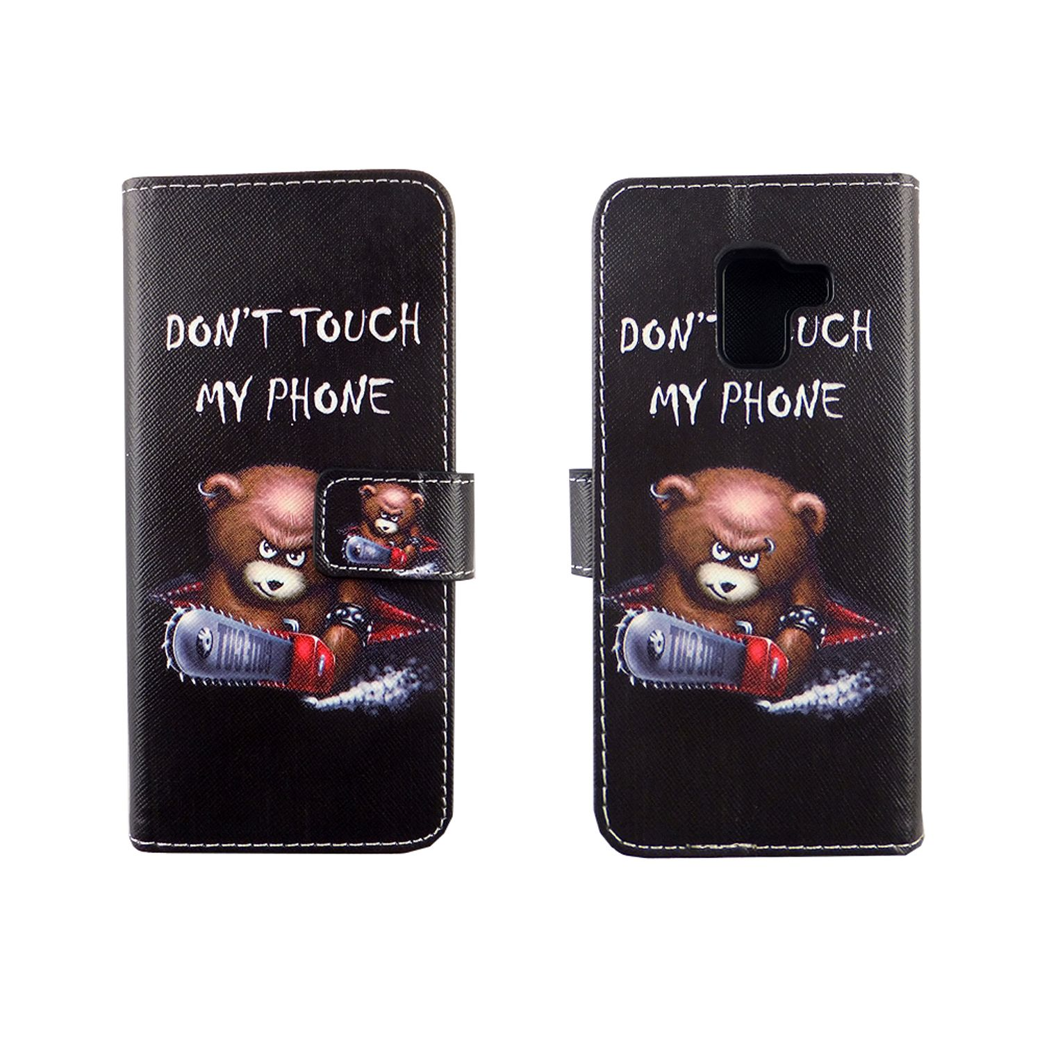 Handyhülle mit einem Bären, der eine Kettensäge hält und den Worten 'DON'T TOUCH MY PHONE'.