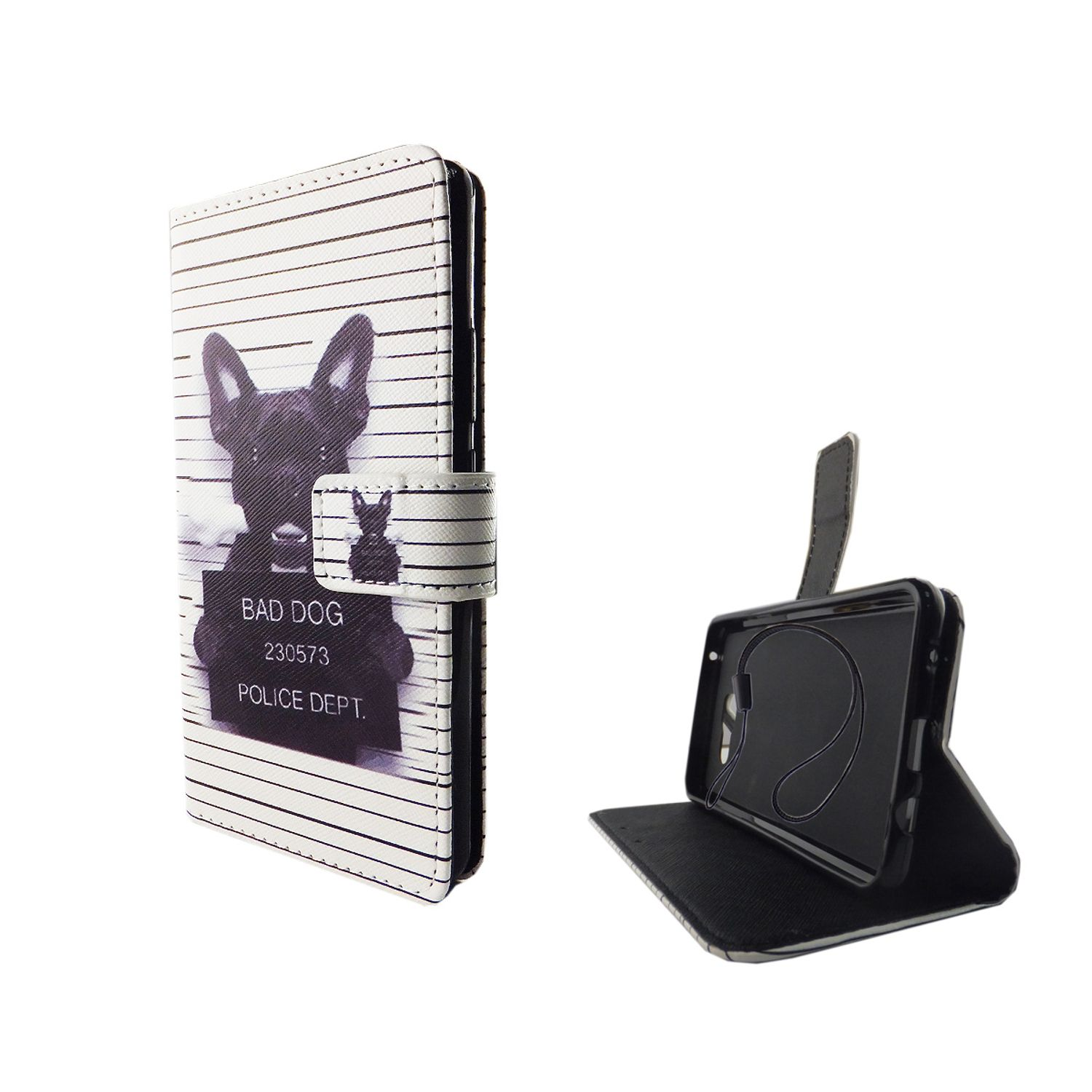 Handyhülle mit einem Hunde-Schnappschuss-Design. Telefon ist drin. Weißer Hintergrund.