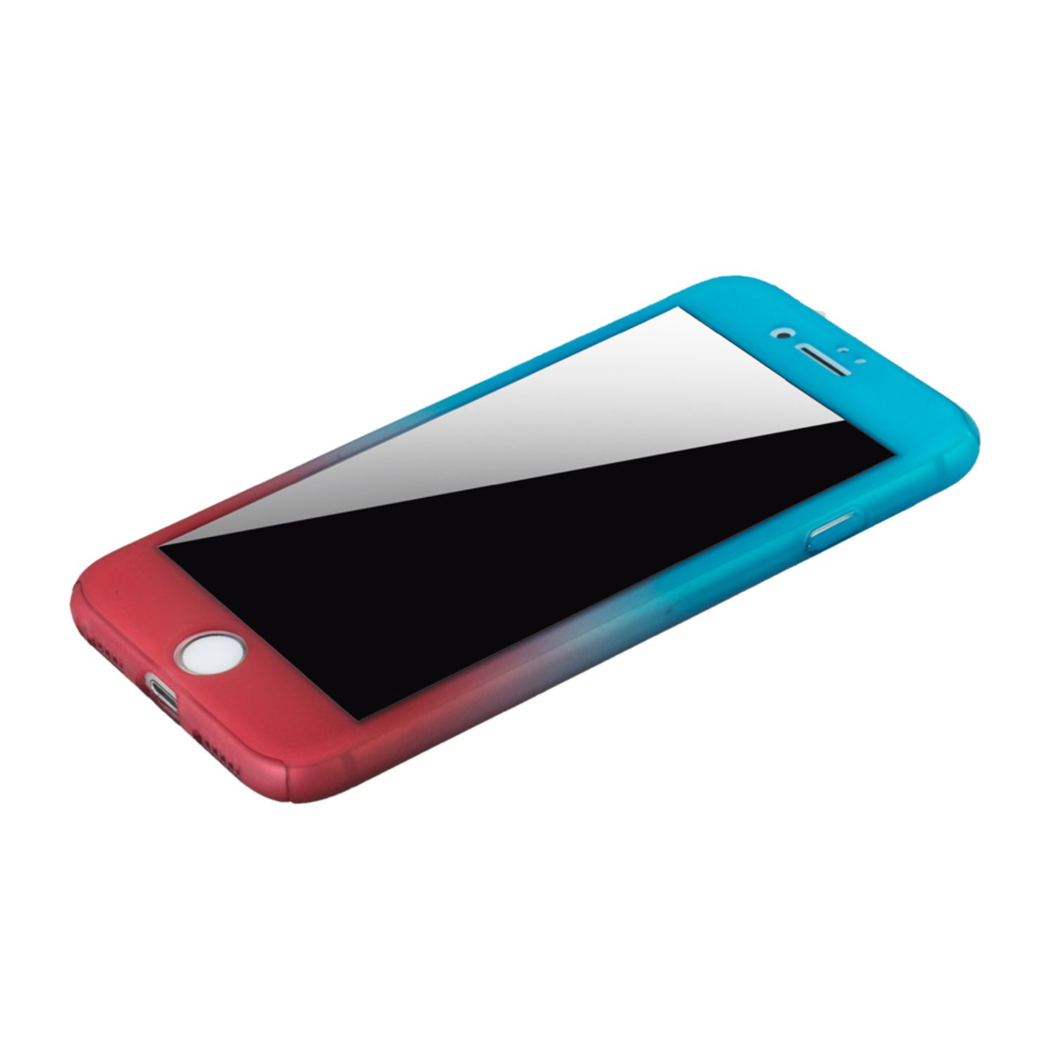 Ein Smartphone in einer rot-blauen Farbverlaufs-Hülle. Der Bildschirm ist schwarz. Weißer Hintergrund.