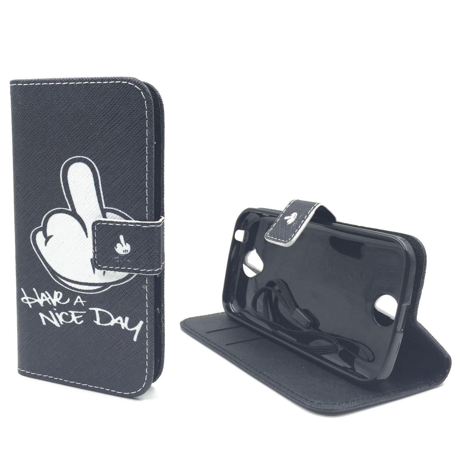 Schwarze Handyhülle, weiße Handgeste. 'Have a nice day'. Weißer Hintergrund.