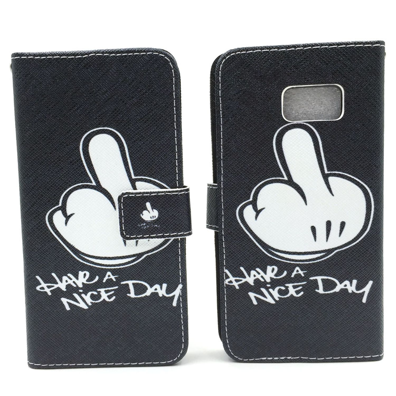 Schwarze Handyhülle, offen, mit Mittelfinger-Grafik und den Worten 'Have a Nice Day'.