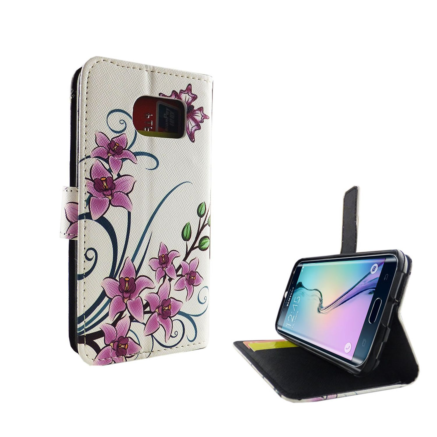 Handyhülle mit lila Blumen. Telefon ist im Etui. Weißer Hintergrund.