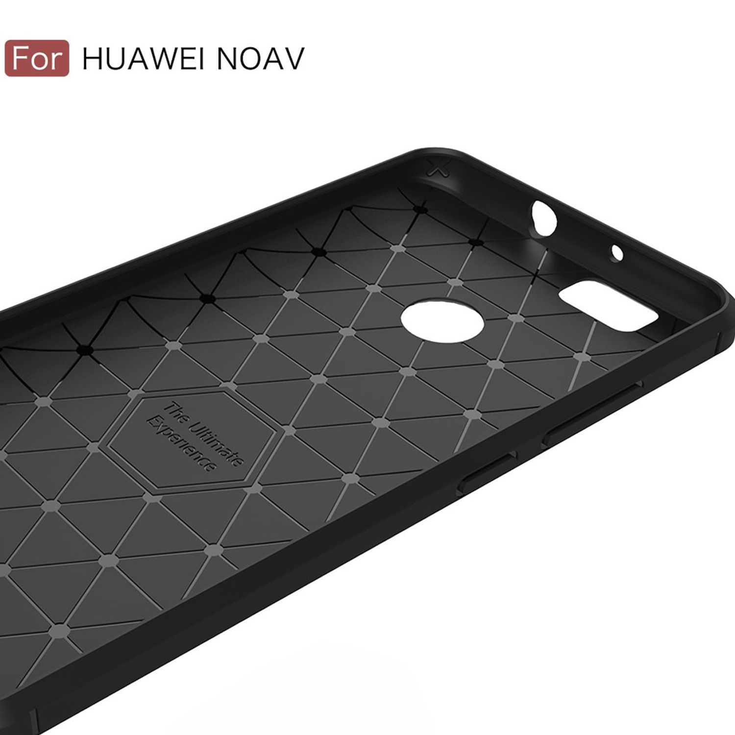 Schwarze Handyhülle innen mit strukturiertem Design. Für Huawei NOAV, mit Text 'The Ultimate Experience'.