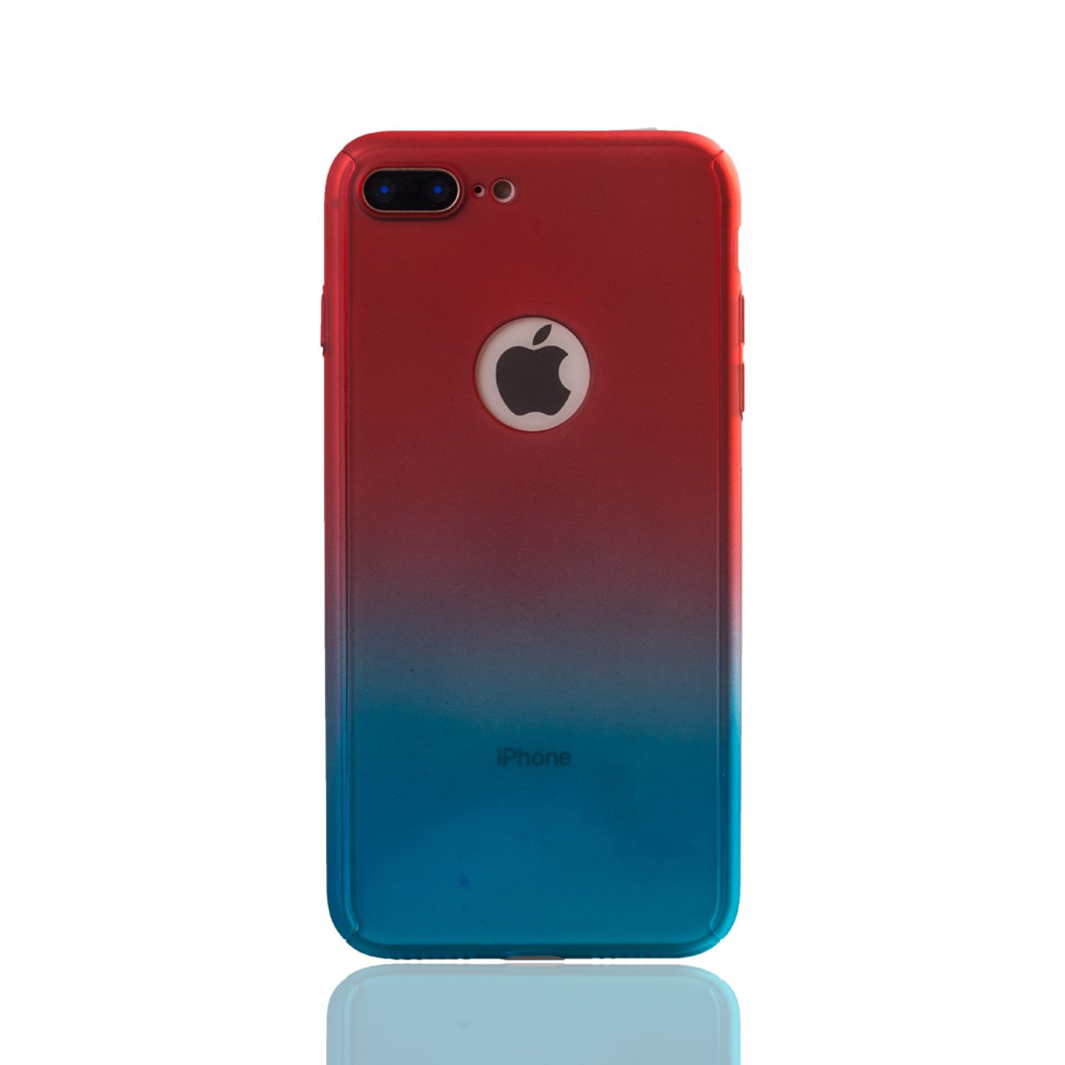 Verlauf Handyhülle, rot zu blau. Apple Logo hinten. Weißer Hintergrund. Zwei Kameralinsen.