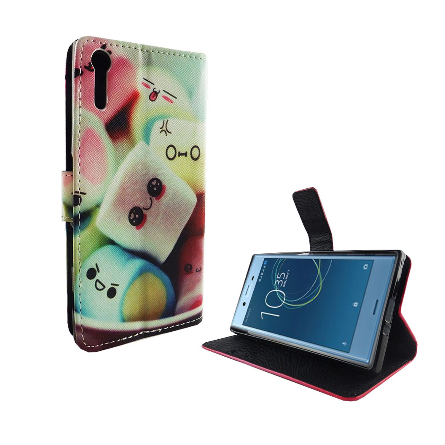 Handyhülle mit Marshmallow-Design. Telefon zeigt die Uhrzeit 10:35 an. Weißer Hintergrund.