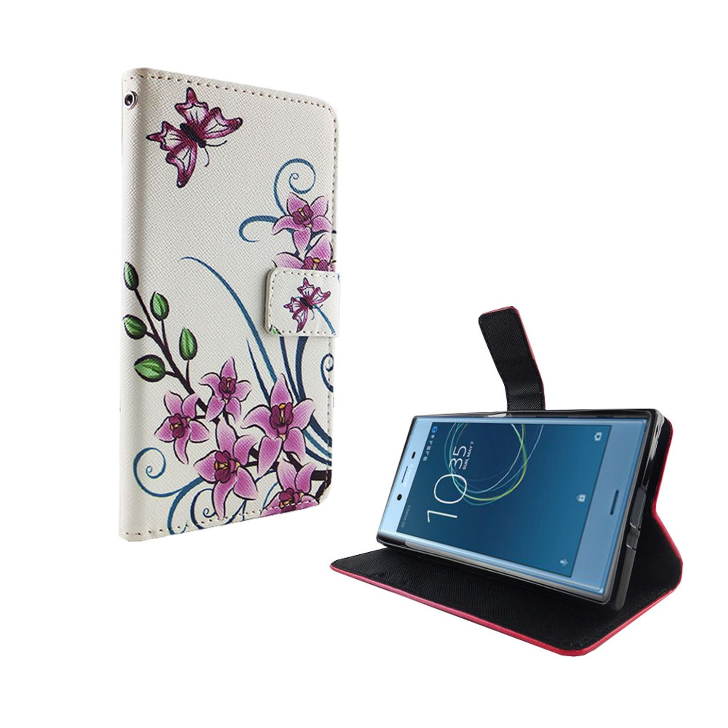 Eine Handyhülle mit Blumen- und Schmetterlingsdesign, geöffnet, um ein Telefon zu zeigen.